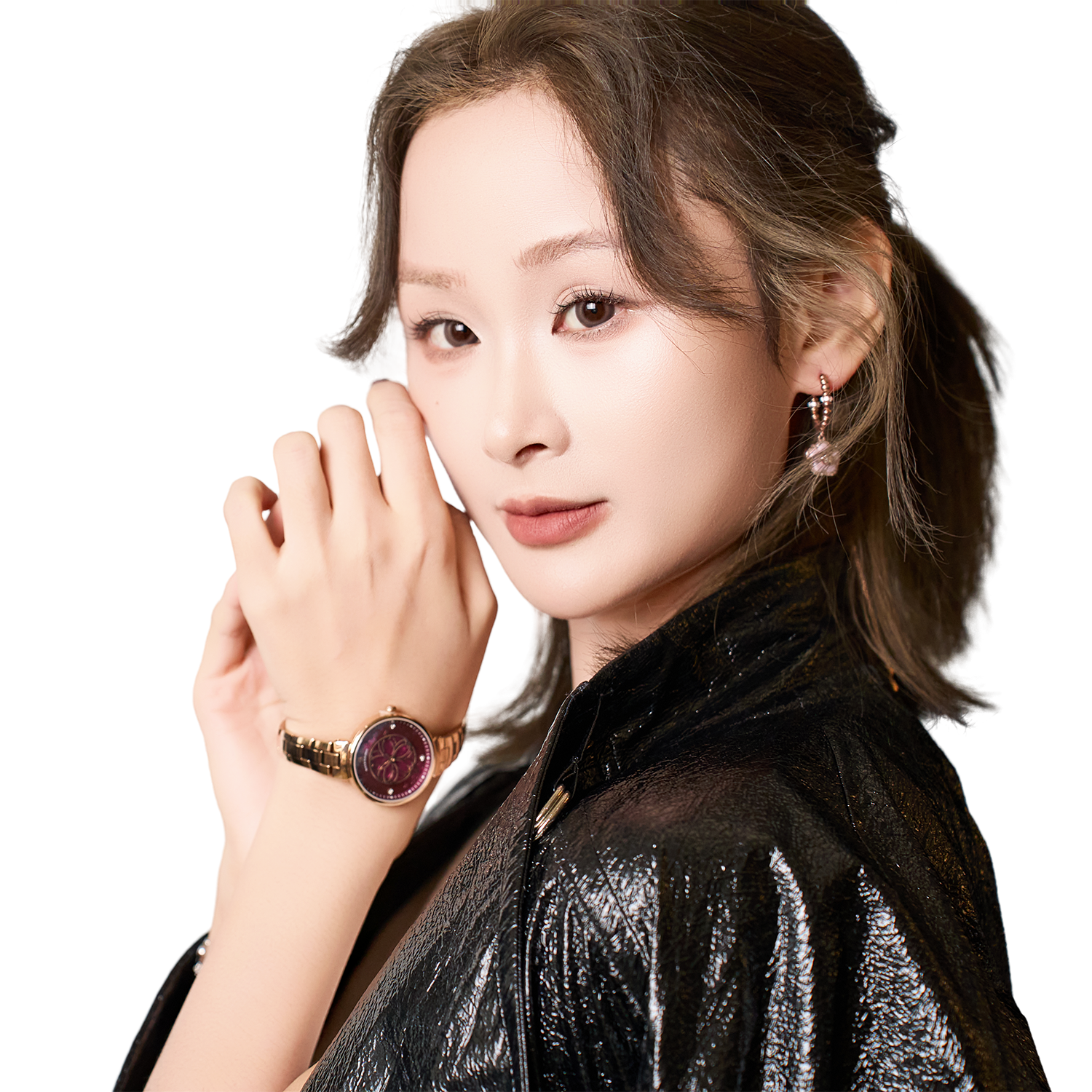 Cherry Blossom 32mm Ruby Red Mother Of Pearl Dial Sakura Petal Hand Rose Gold Bracelet Watch - 4B1209 - Model wearing - Black By Blue Brave