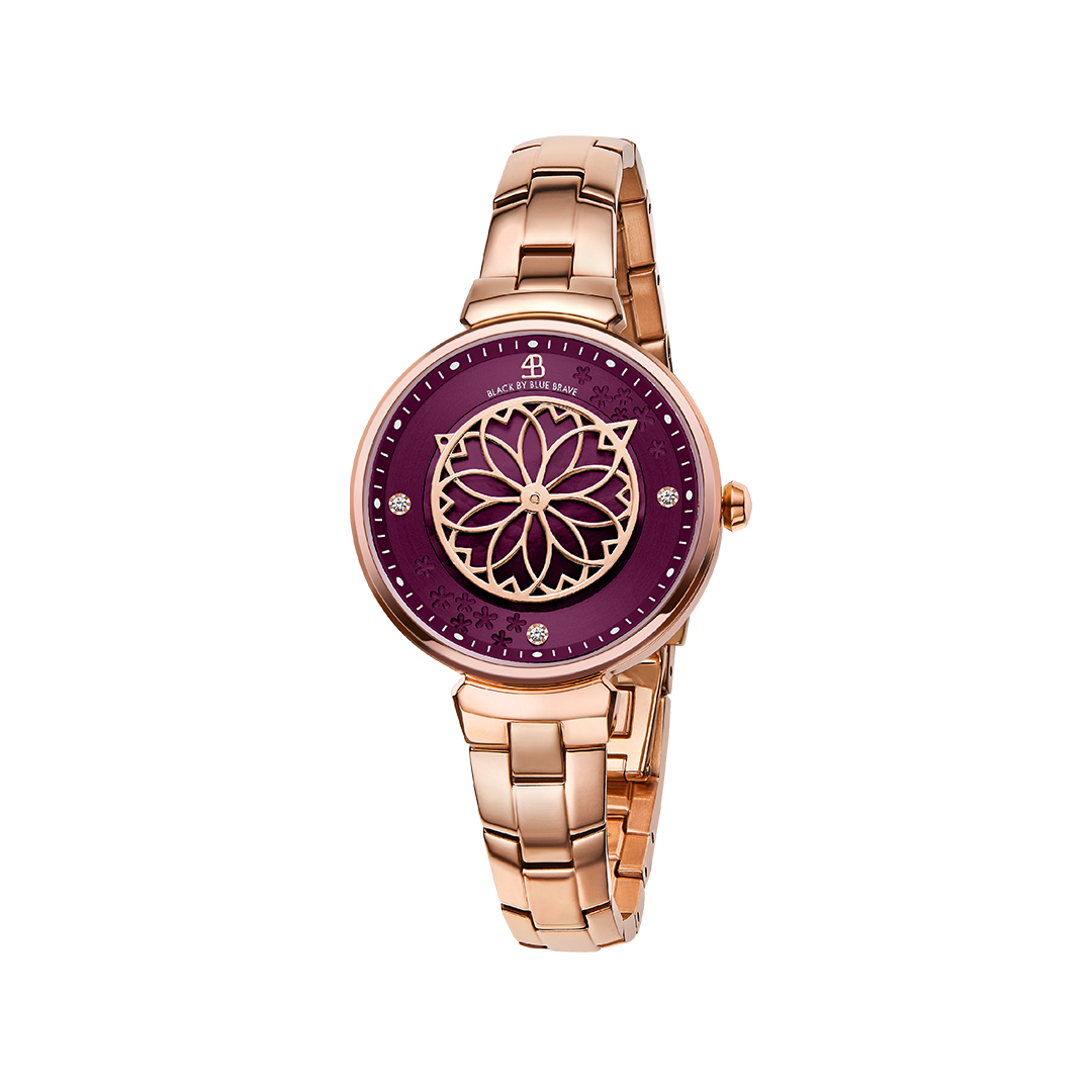 Cherry Blossom 32mm Ruby Red Mother Of Pearl Dial Sakura Petal Hand Rose Gold Bracelet Watch - 4B1209 - front - Black By Blue Brave