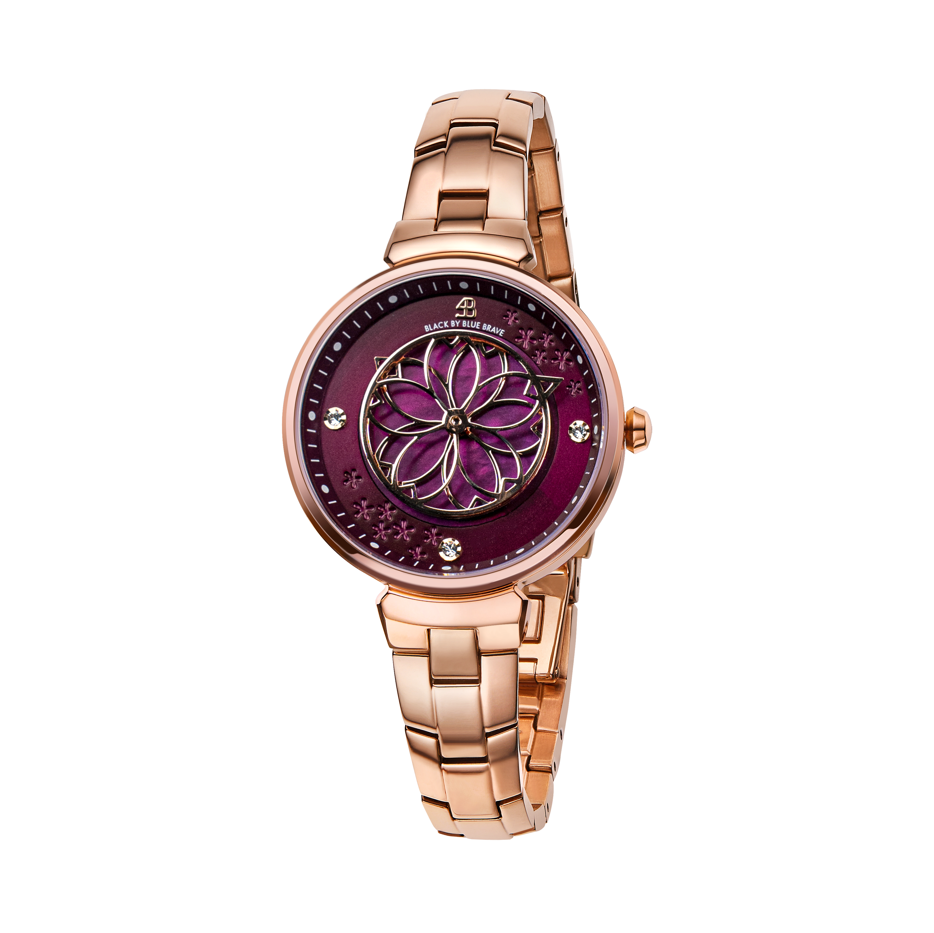 Cherry Blossom 32mm Ruby Red Mother Of Pearl Dial Sakura Petal Hand Rose Gold Bracelet Watch - 4B1209 - front - Black By Blue Brave