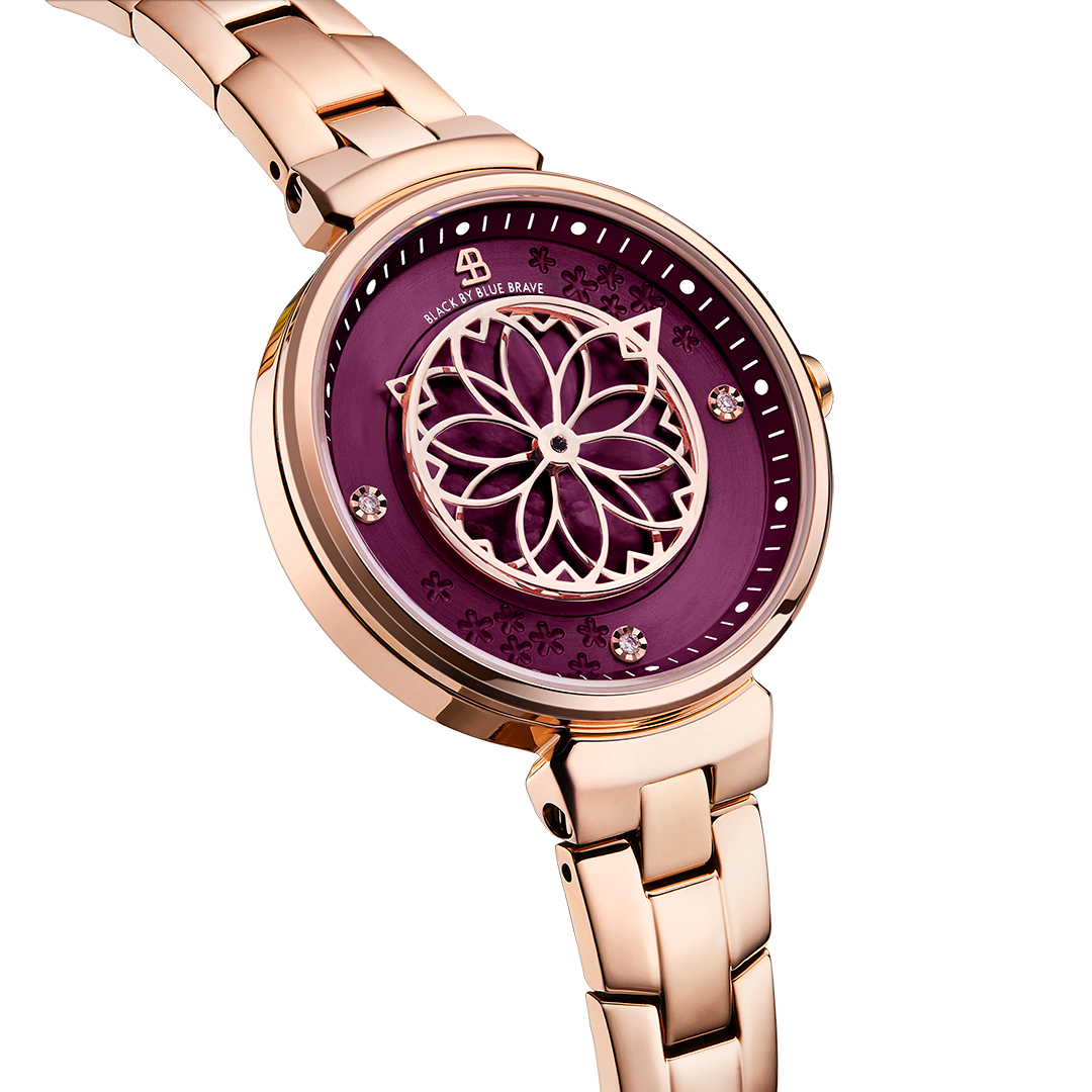 Cherry Blossom 32mm Ruby Red Mother Of Pearl Dial Sakura Petal Hand Rose Gold Bracelet Watch - 4B1209 - side view - Black By Blue Brave