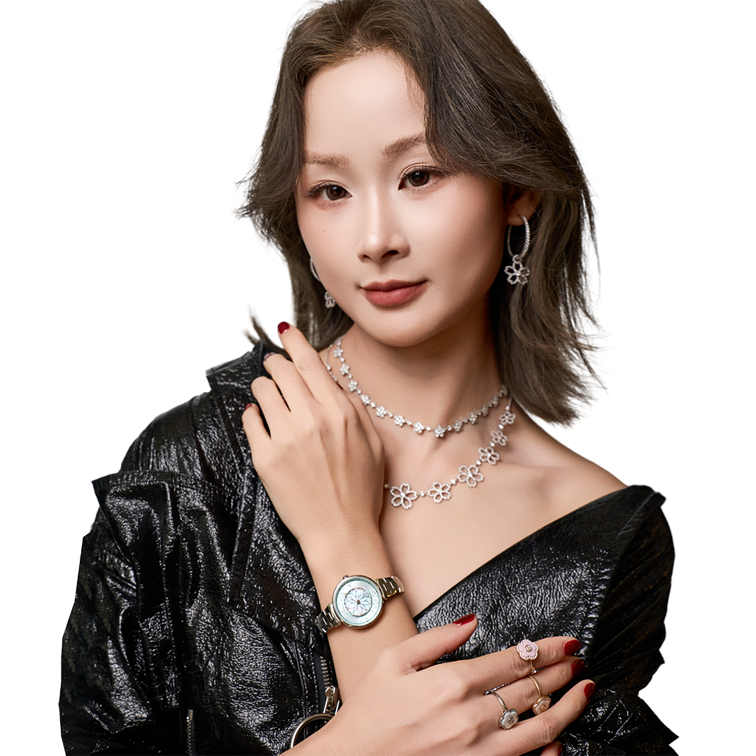 Cherry Blossom 32mm Blue Mother Of Pearl Dial Genuine Diamonds Sakura Petal Hand Silver Bracelet Watch - 4B1211 - Model wearing - Black By Blue Brave