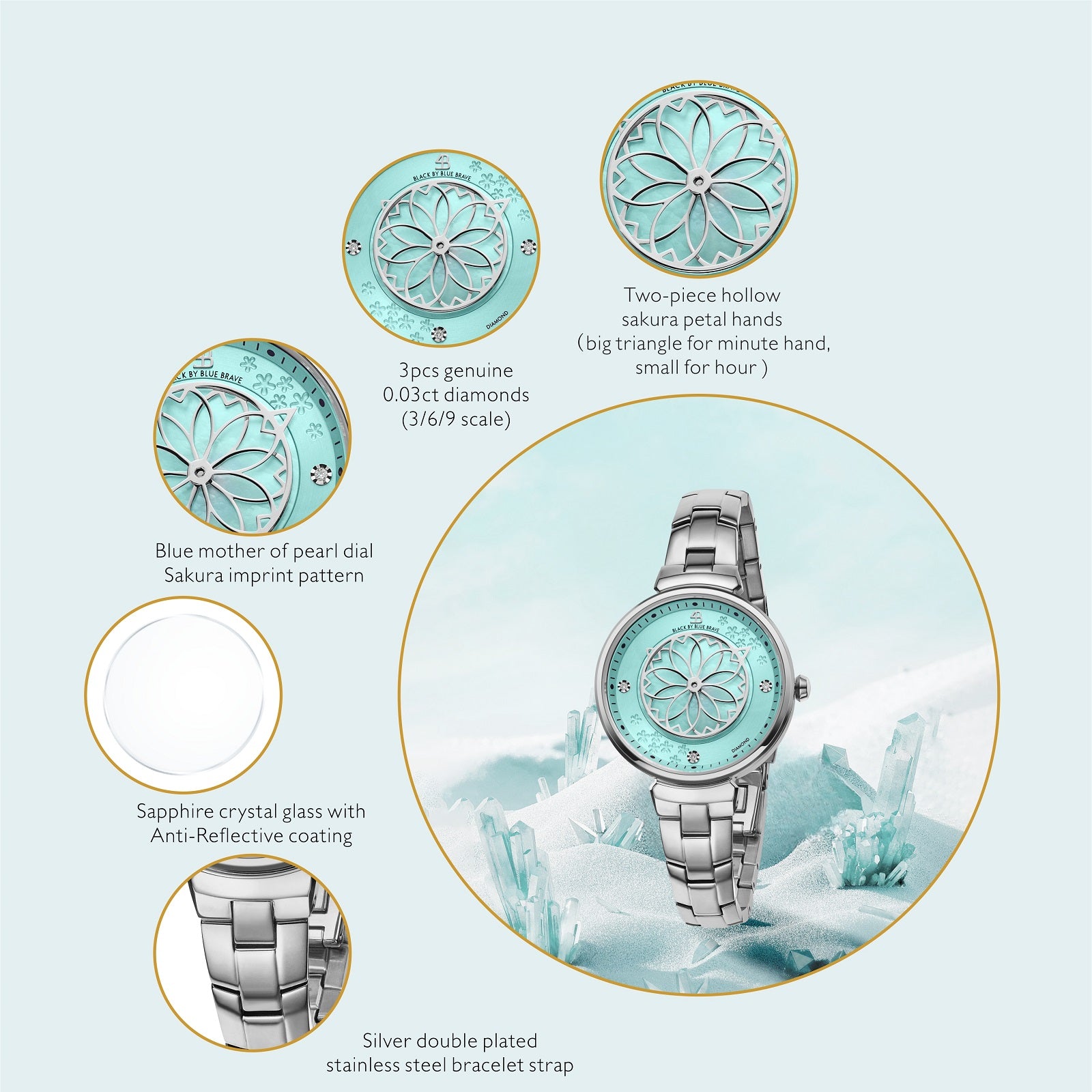 Cherry Blossom 32mm Blue Mother Of Pearl Dial Genuine Diamonds Sakura Petal Hand Silver Bracelet Watch - 4B1211 - Selling point map - Black By Blue Brave