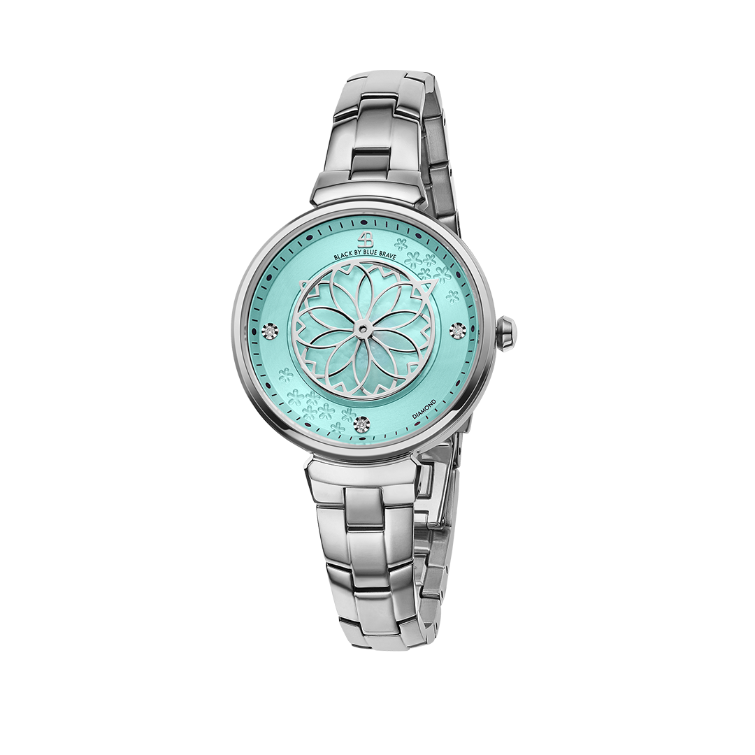 Cherry Blossom 32mm Blue Mother Of Pearl Dial Genuine Diamonds Sakura Petal Hand Silver Bracelet Watch - 4B1211 - front - Black By Blue Brave