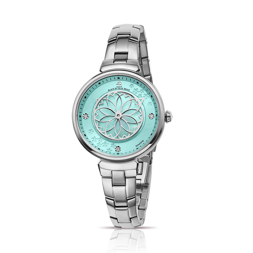 Cherry Blossom 32mm Blue Mother Of Pearl Dial Genuine Diamonds Sakura Petal Hand Silver Bracelet Watch - 4B1211 - front - Black By Blue Brave