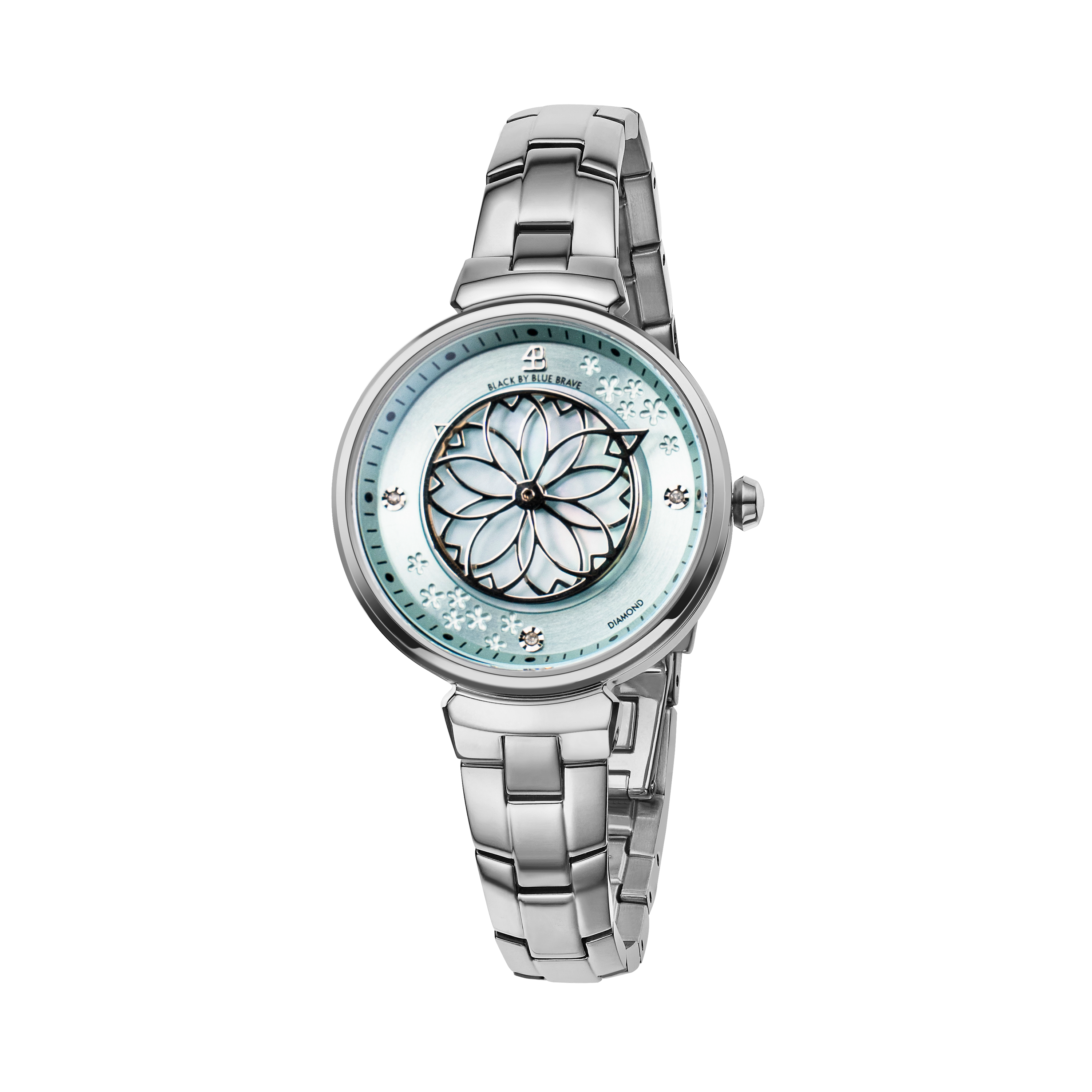 Cherry Blossom 32mm Blue Mother Of Pearl Dial Genuine Diamonds Sakura Petal Hand Silver Bracelet Watch - 4B1211 - front - Black By Blue Brave