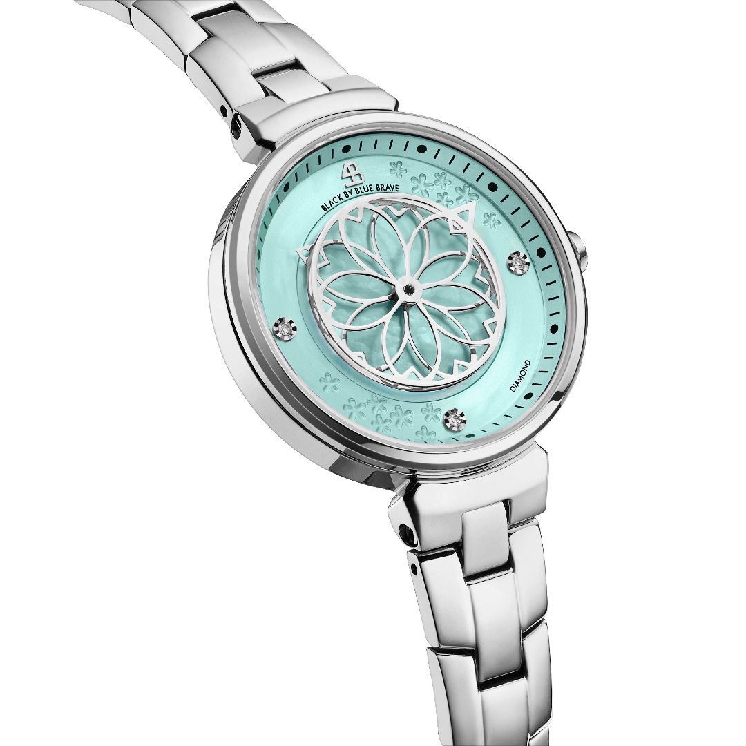 Cherry Blossom 32mm Blue Mother Of Pearl Dial Genuine Diamonds Sakura Petal Hand Silver Bracelet Watch - 4B1211 - side view - Black By Blue Brave