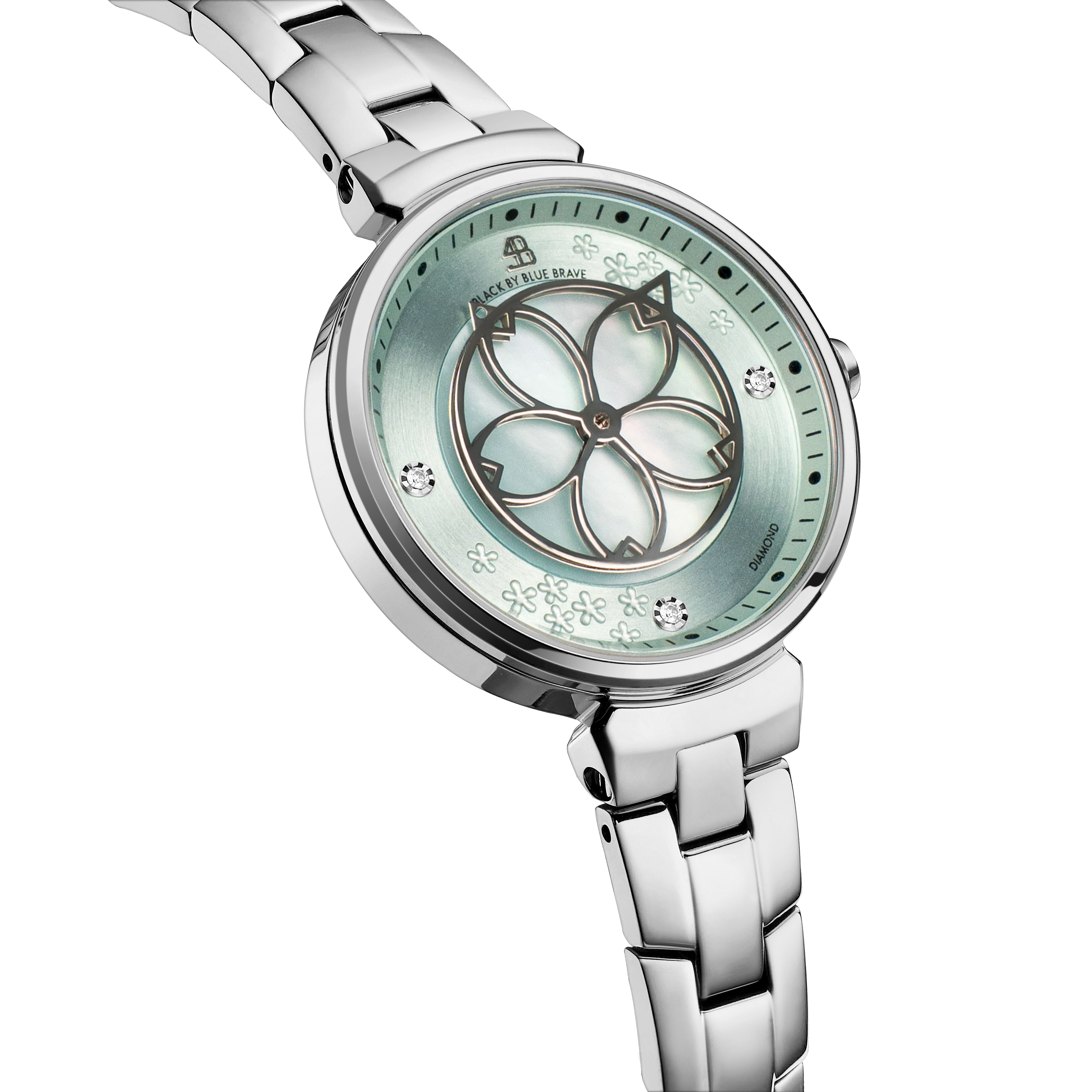 Cherry Blossom 32mm Blue Mother Of Pearl Dial Genuine Diamonds Sakura Petal Hand Silver Bracelet Watch - 4B1211 - side view - Black By Blue Brave