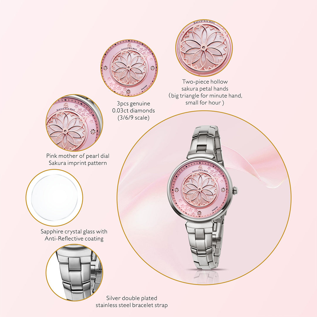 Cherry Blossom 32mm Pink Mother Of Pearl Dial Genuine Diamonds Sakura Petal Hand Silver Bracelet Watch - 4B1212 - Selling point map - Black By Blue Brave