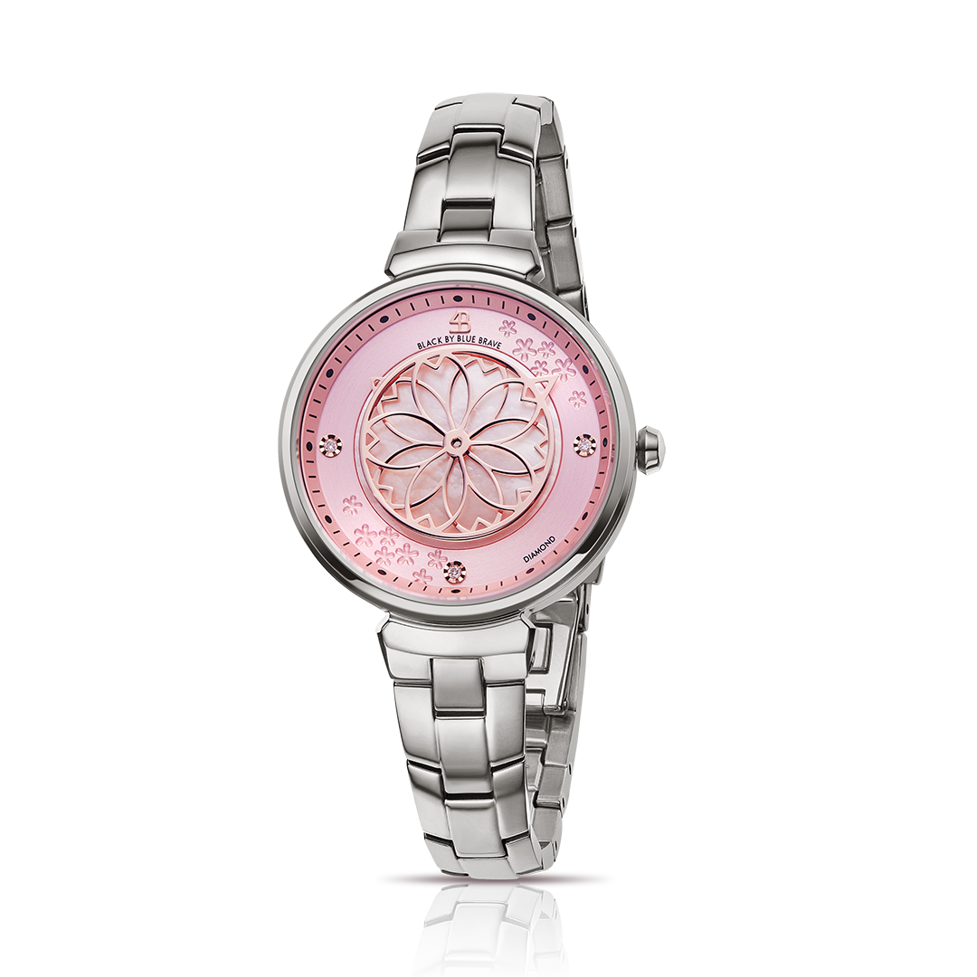 Cherry Blossom 32mm Pink Mother Of Pearl Dial Genuine Diamonds Sakura Petal Hand Silver Bracelet Watch - 4B1212 - front - Black By Blue Brave