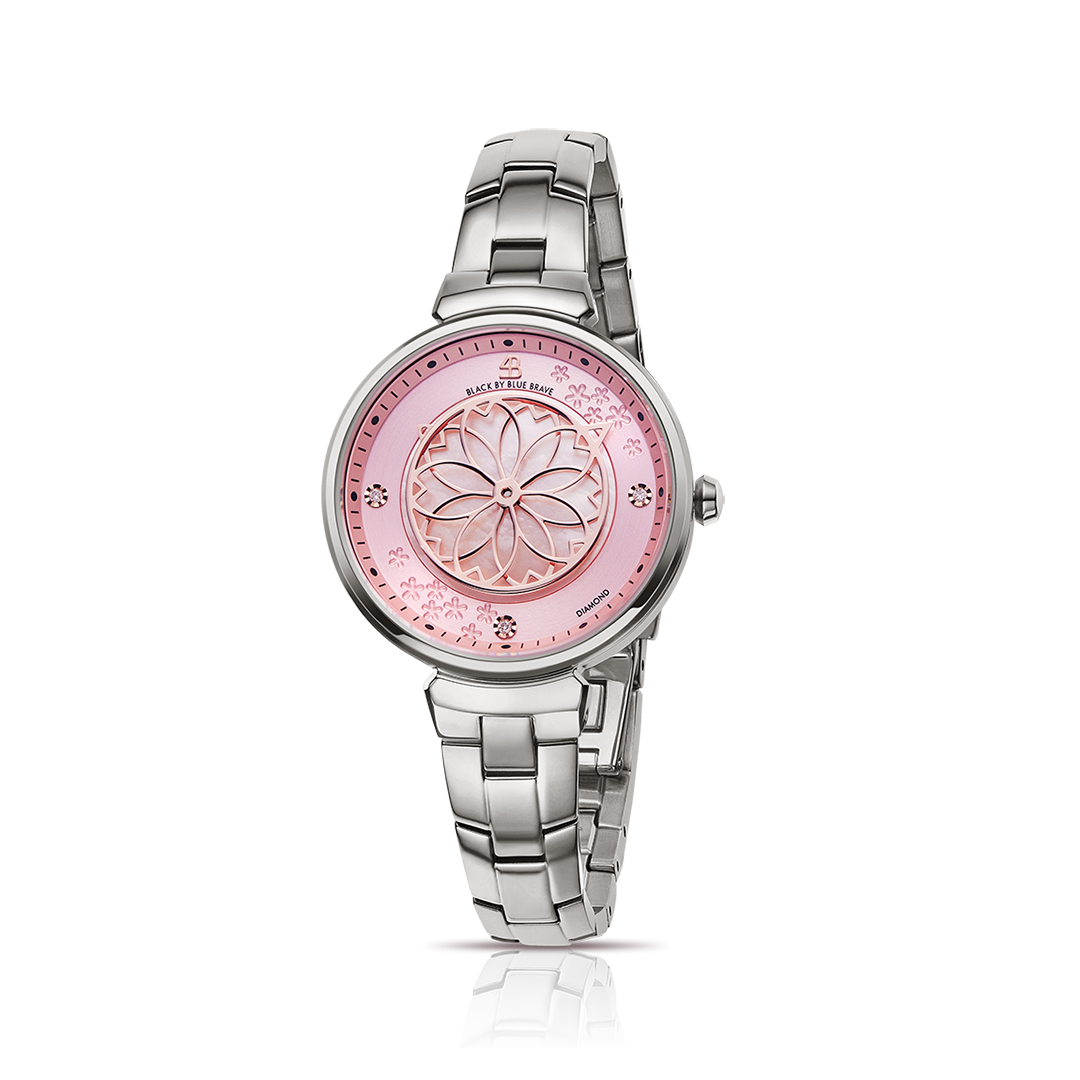 Cherry Blossom 32mm Pink Mother Of Pearl Dial Genuine Diamonds Sakura Petal Hand Silver Bracelet Watch - 4B1212 - front - Black By Blue Brave
