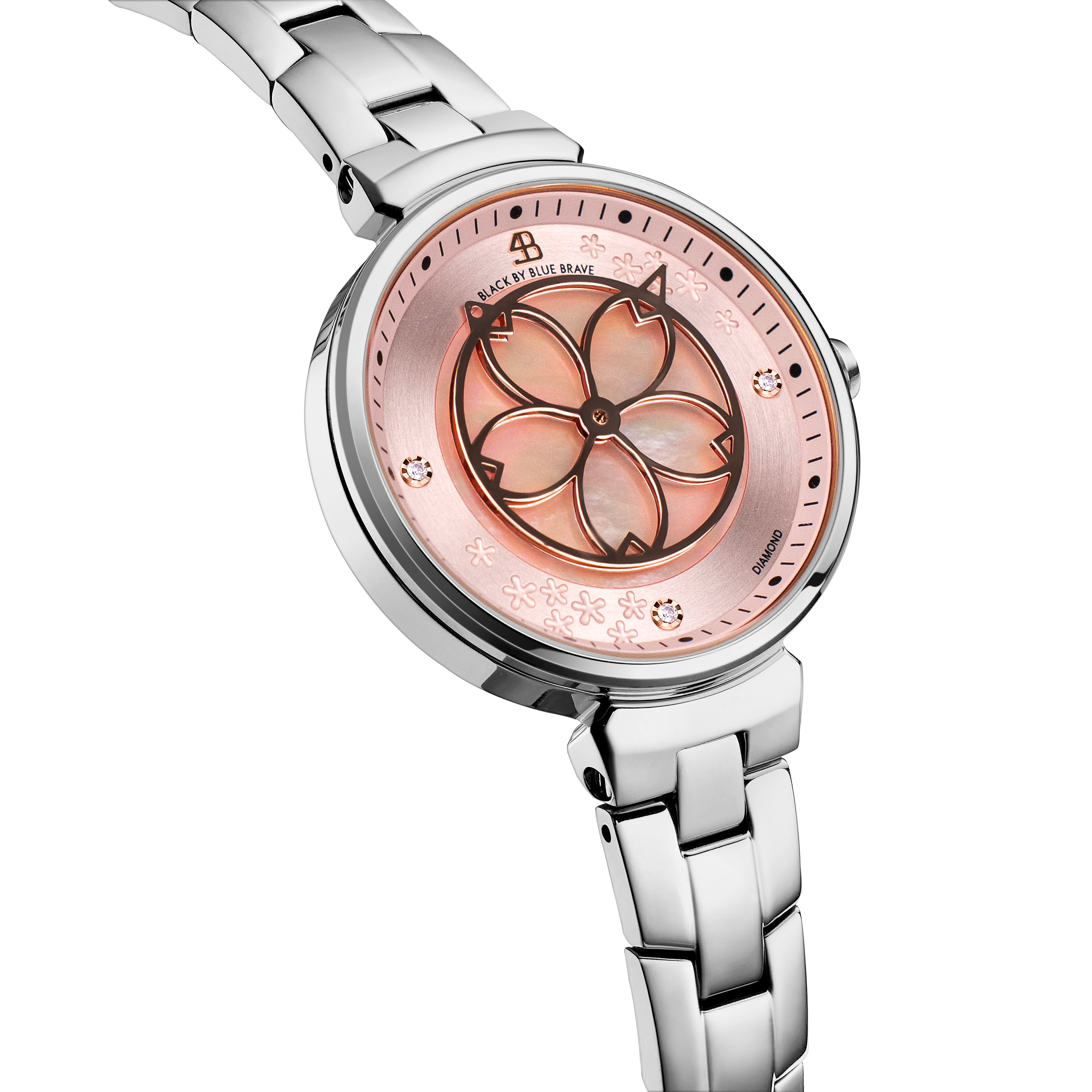 Cherry Blossom 32mm Pink Mother Of Pearl Dial Genuine Diamonds Sakura Petal Hand Silver Bracelet Watch - 4B1212 - side view - Black By Blue Brave