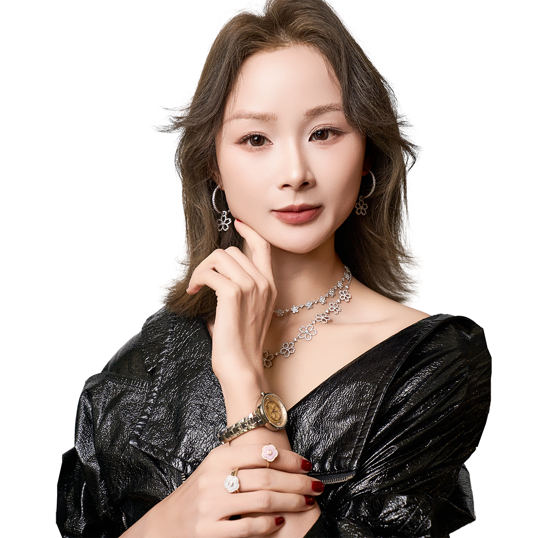 Cherry Blossom 32mm Champagne Mother Of Pearl Dial Genuine Diamonds Sakura Petal Hand Silver Bracelet Watch - 4B1213 - Model wearing - Black By Blue Brave