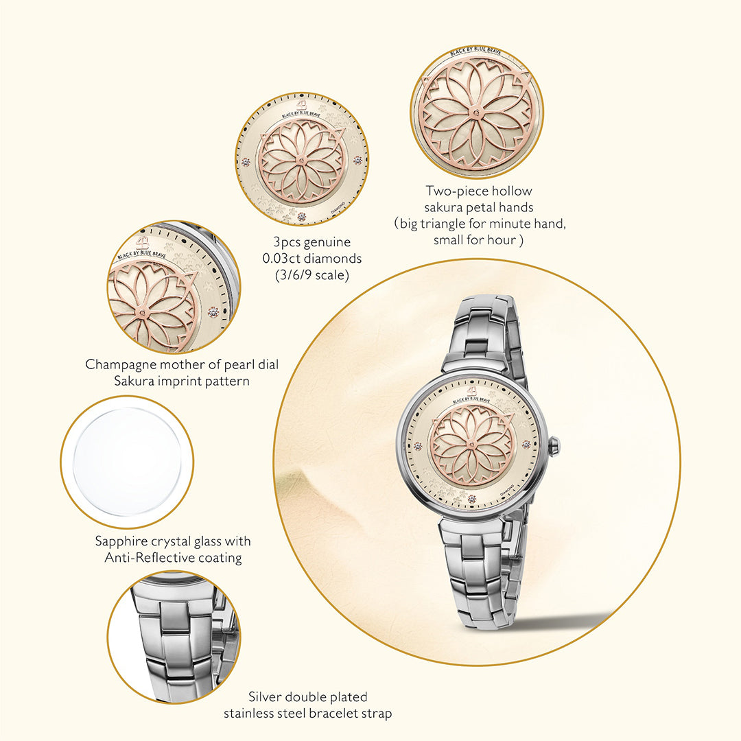 Cherry Blossom 32mm Champagne Mother Of Pearl Dial Genuine Diamonds Sakura Petal Hand Silver Bracelet Watch - 4B1213 - Selling point map - Black By Blue Brave