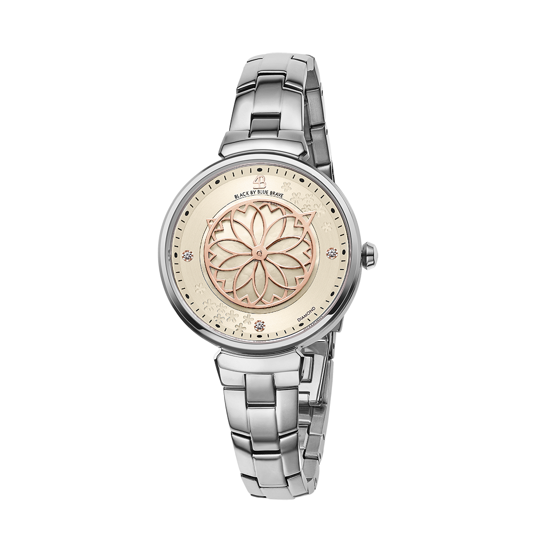 Cherry Blossom 32mm Champagne Mother Of Pearl Dial Genuine Diamonds Sakura Petal Hand Silver Bracelet Watch - 4B1213 - front - Black By Blue Brave