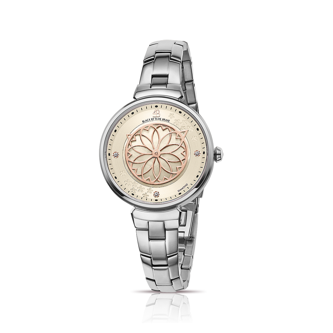 Cherry Blossom 32mm Champagne Mother Of Pearl Dial Genuine Diamonds Sakura Petal Hand Silver Bracelet Watch - 4B1213 - front - Black By Blue Brave