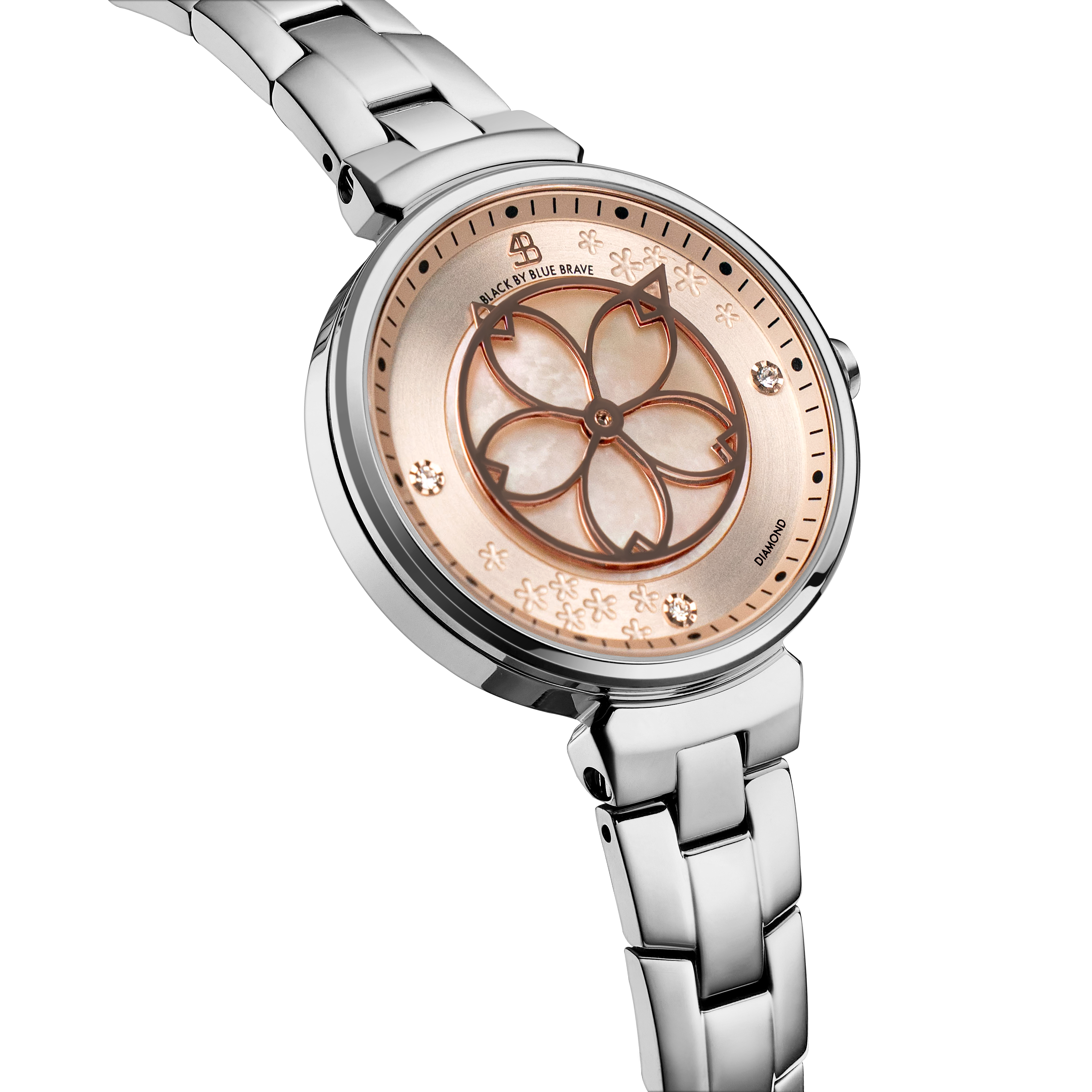 Cherry Blossom 32mm Champagne Mother Of Pearl Dial Genuine Diamonds Sakura Petal Hand Silver Bracelet Watch - 4B1213 - side view - Black By Blue Brave