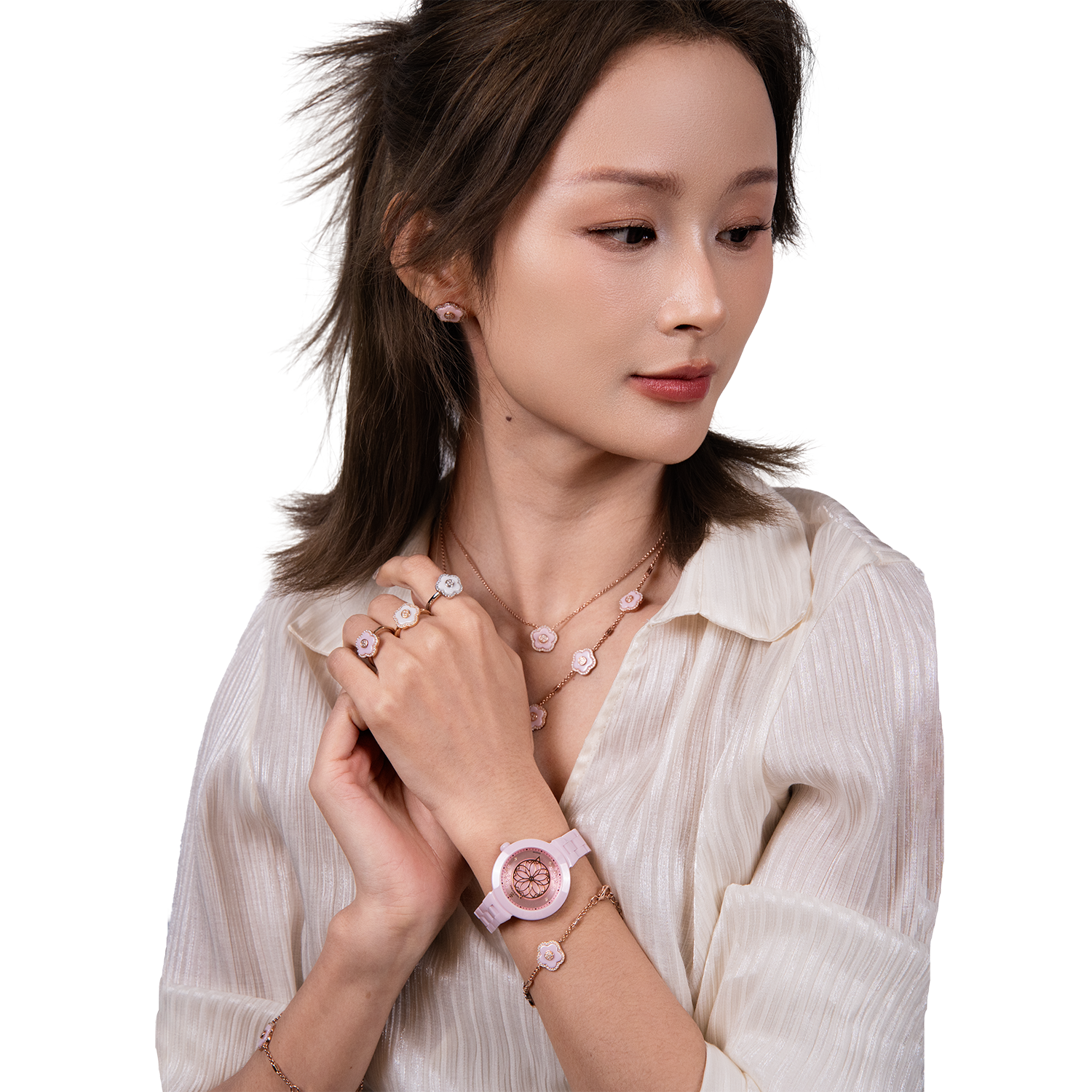 Cherry Blossom 34mm Pink Mother Of Pearl Dial Sakura Petal Hand Ceramic Watch - 4B1230 - Model wearing - Black By Blue Brave