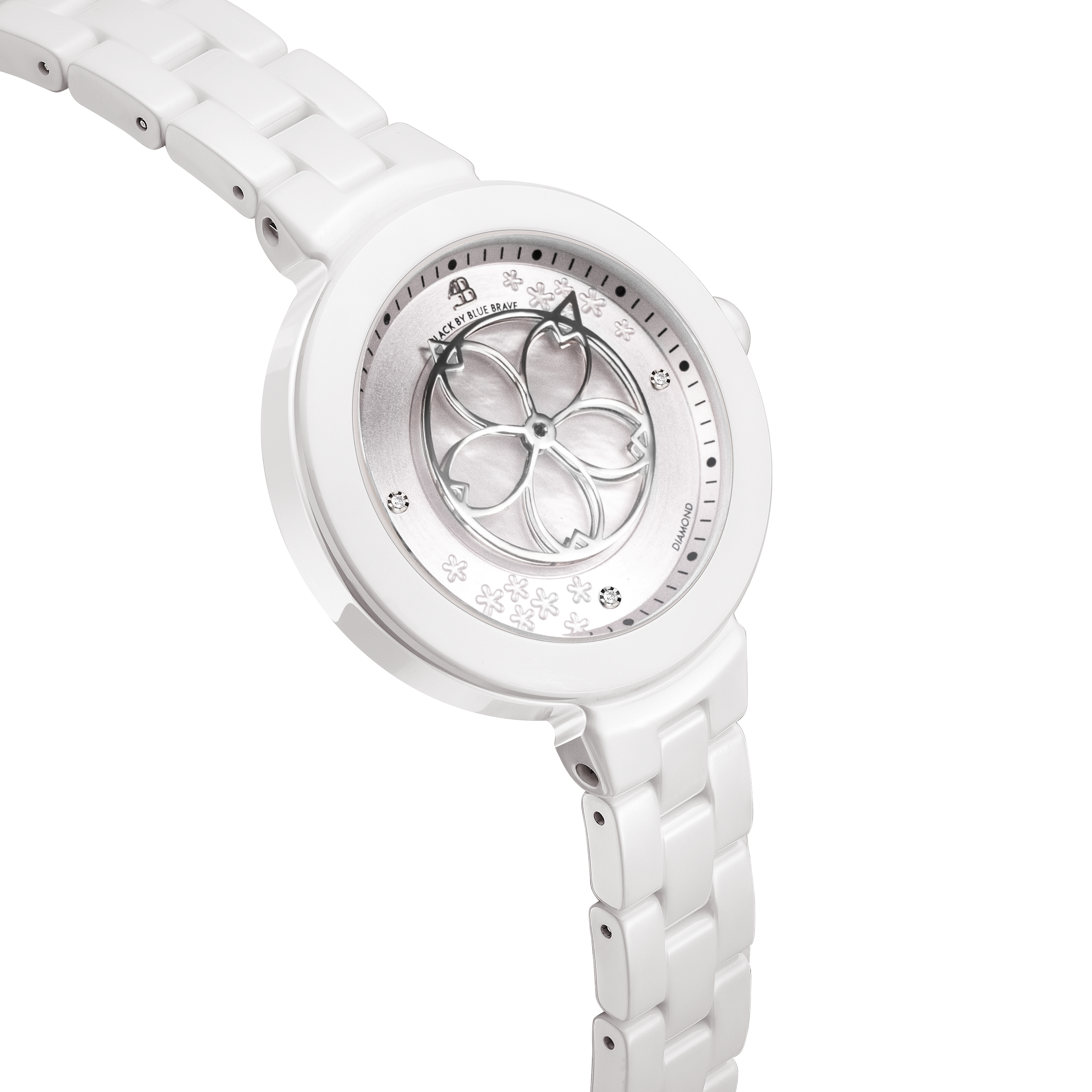 Cherry Blossom Pink Mother Of Pearl Dial Genuine Diamonds Sakura Petal Hand Leather Strap Watch - 4B1236 - side view - Black By Blue Brave