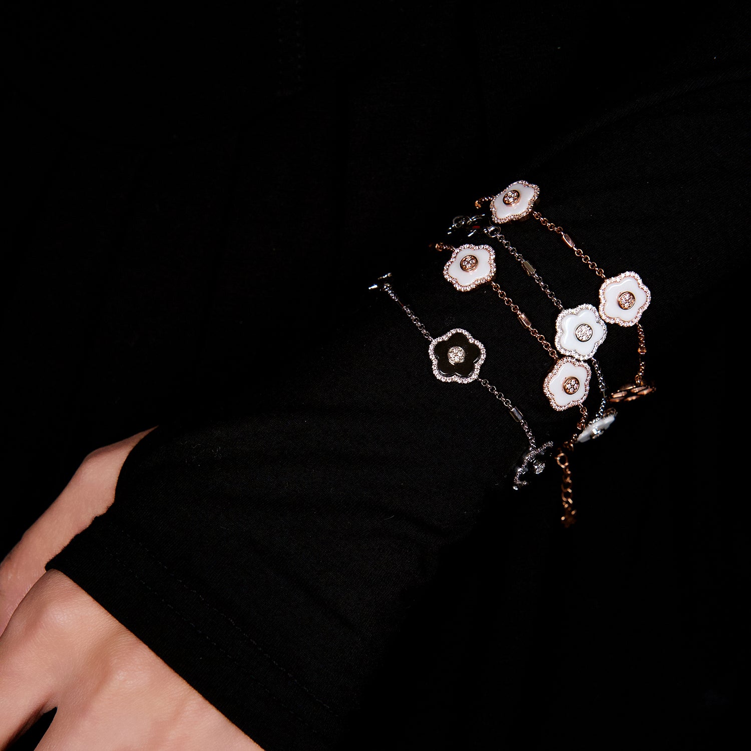 Cherry Blossom Ceramic Three Black Ceramic Flowers Silver Bracelet Silver Platinum Plated - 4B4138 - front - Black By Blue Brave