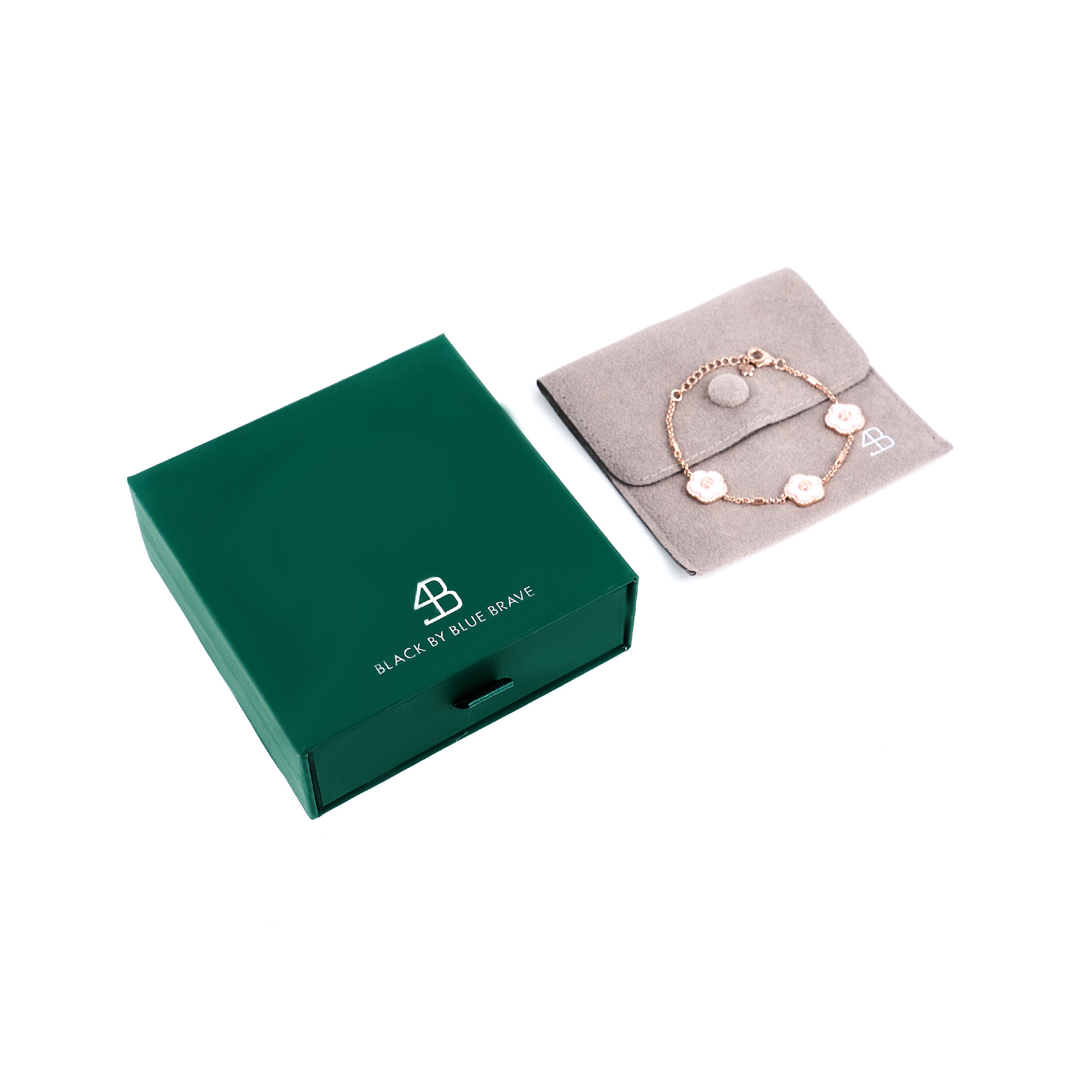 Cherry Blossom Ceramic Three White Ceramic Flowers Rosegold Bracelet 18K Rose Gold Plated - 4B4139 - Gift Box - Black By Blue Brave