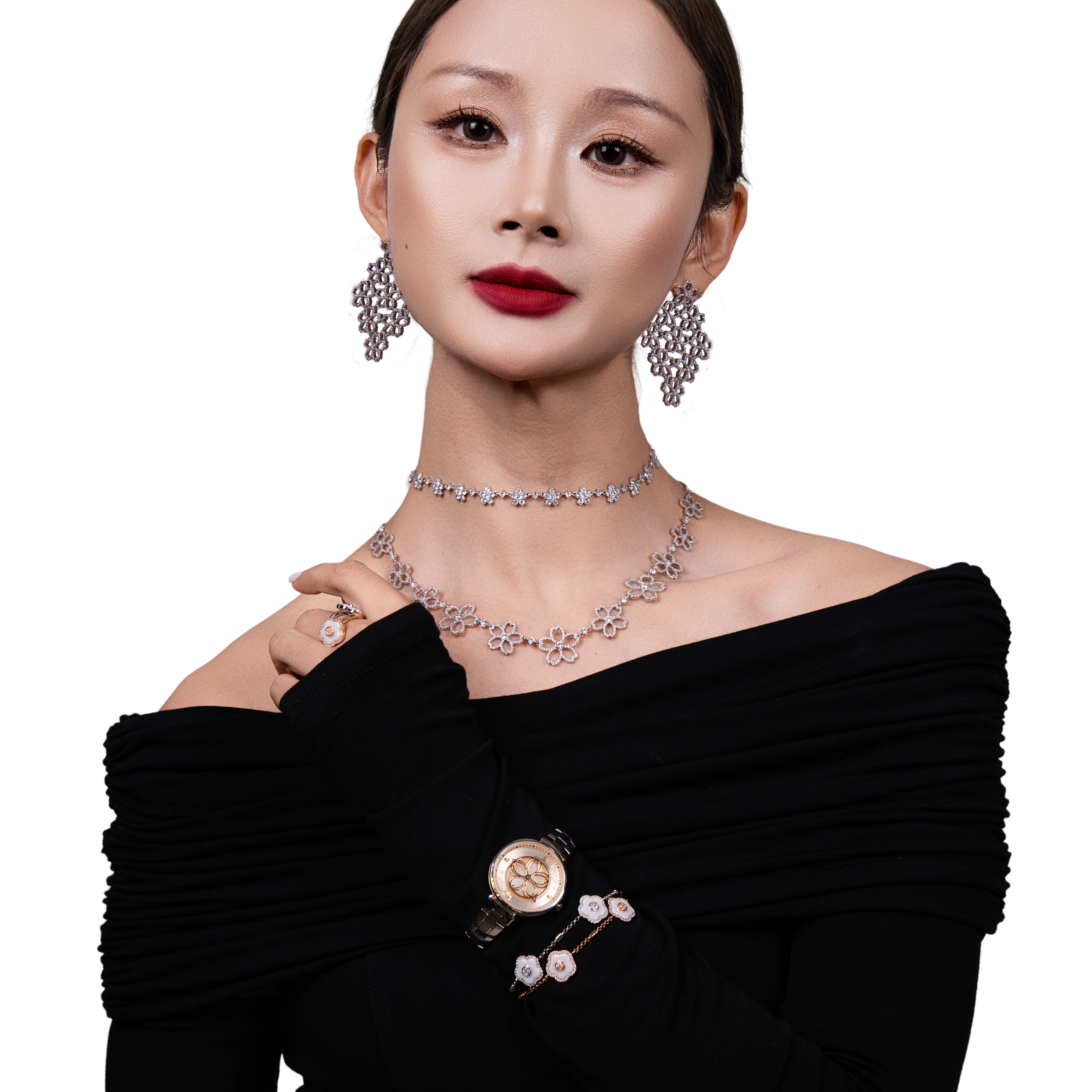 Cherry Blossom Cascade 19-Flower Sakura Zirconia Silver Necklace (Platinum Plated)