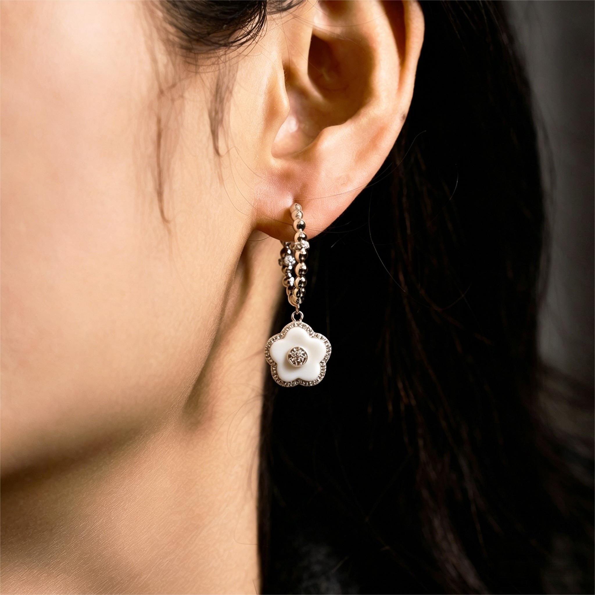 Cherry Blossom Ceramic White Ceramic Flowers Silver Earrings Silver Platinum Plated - 4B4319 - wear - Black By Blue Brave