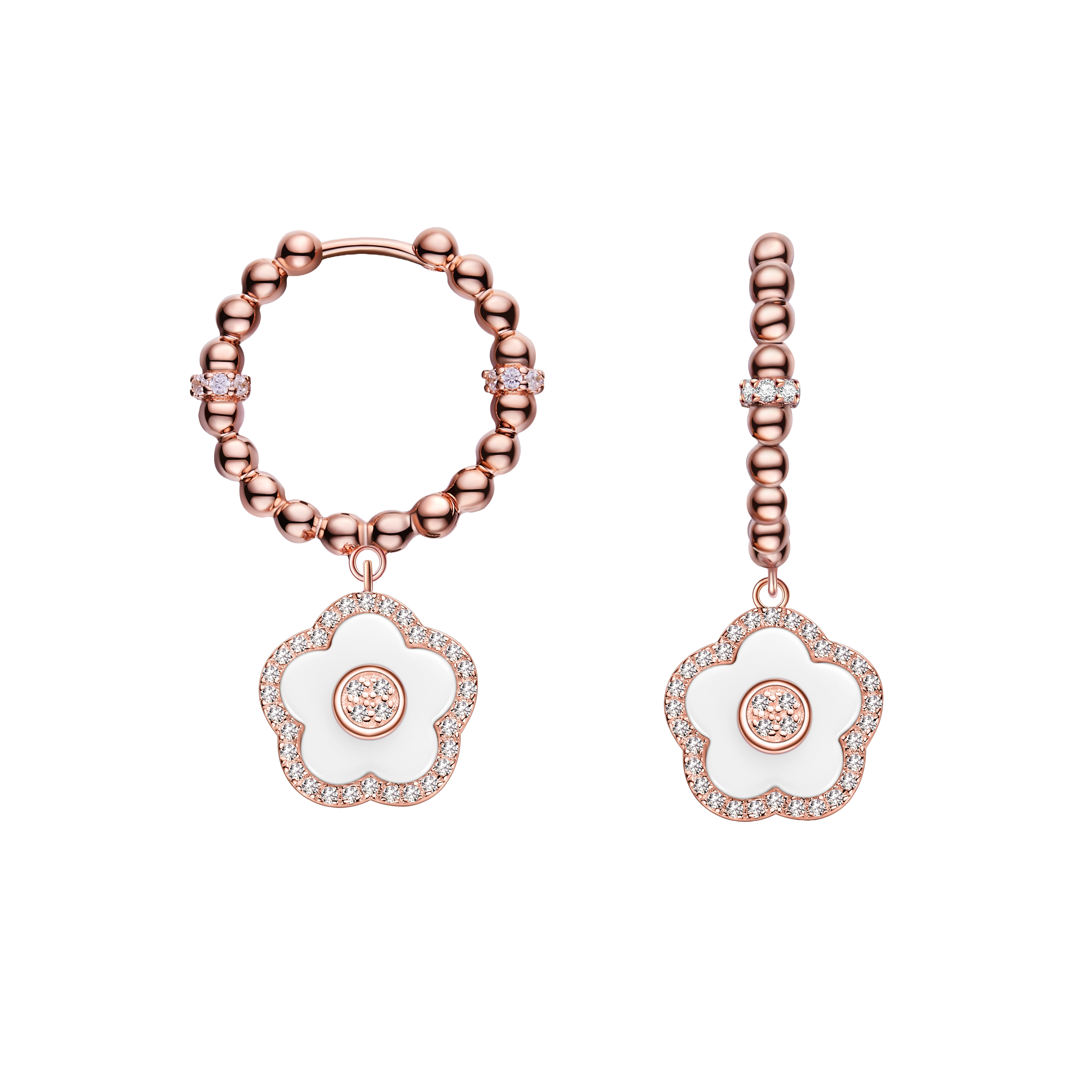 Cherry Blossom Ceramic White Ceramic Flowers Rosegold Earrings 18K Rose Gold Plated - 4B4320 - front - Black By Blue Brave