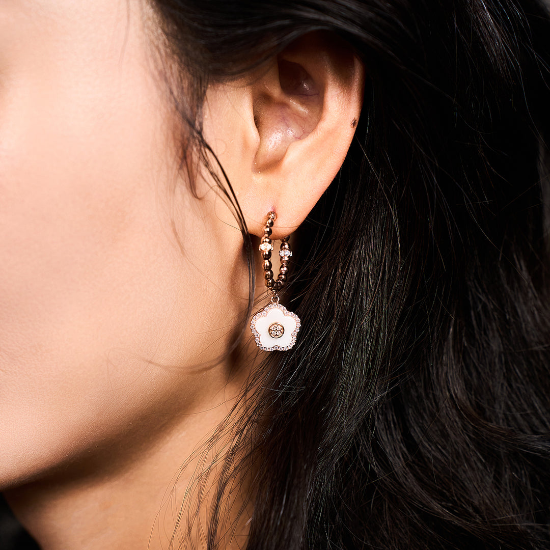 Cherry Blossom Ceramic White Ceramic Flowers Rosegold Earrings 18K Rose Gold Plated - 4B4320 - wear - Black By Blue Brave