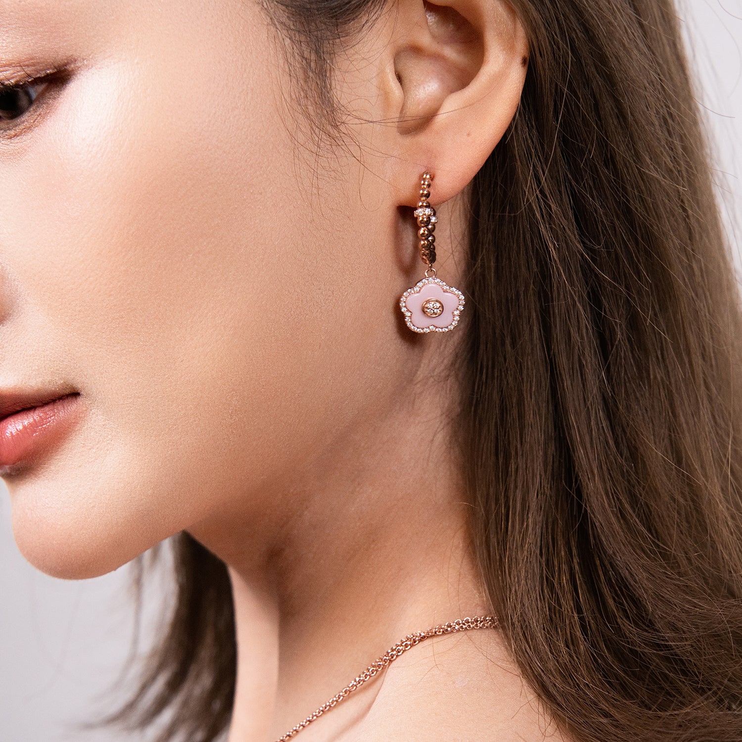 Cherry Blossom Ceramic Pink Ceramic Flowers Rosegold Earrings 18K Rose Gold Plated - 4B4322 - wear  - Black By Blue Brave