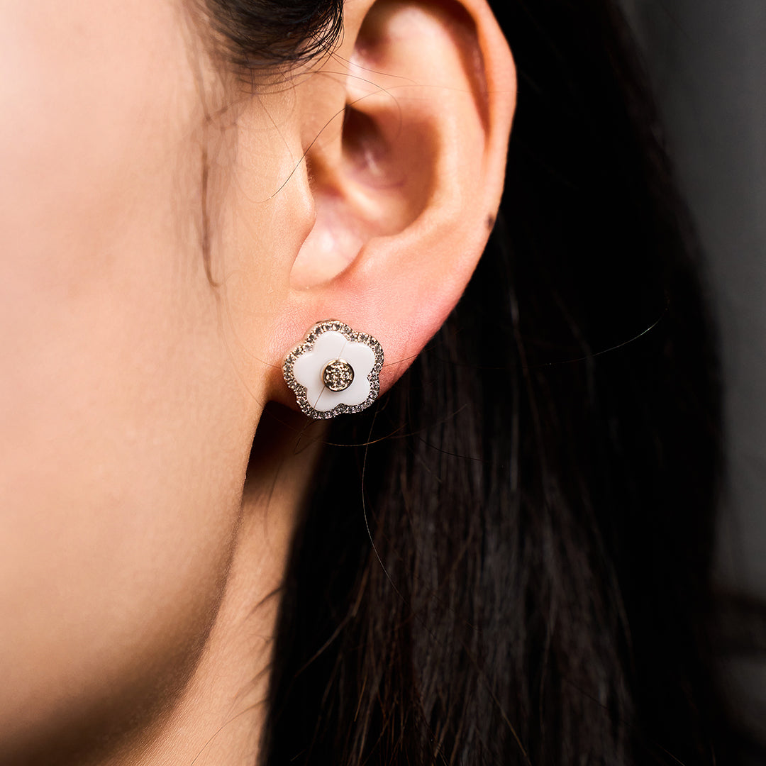 Cherry Blossom Ceramic White Ceramic Flowers Silver Stud Earrings Silver Platinum Plated - 4B4323 - wear - Black By Blue Brave