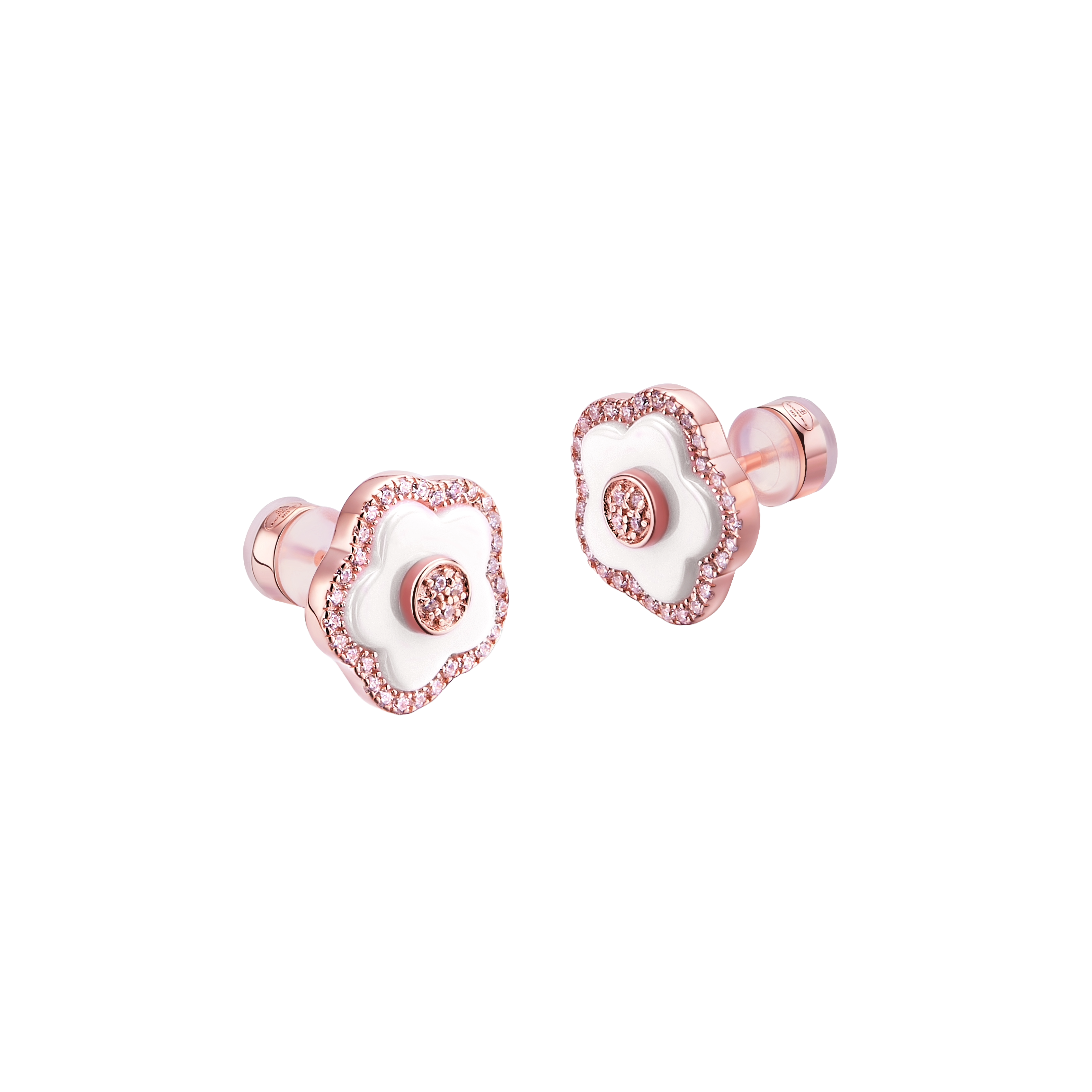 Cherry Blossom Ceramic White Ceramic Flowers Rosegold Stud Earrings 18K Rose Gold Plated - 4B4324 - front - Black By Blue Brave