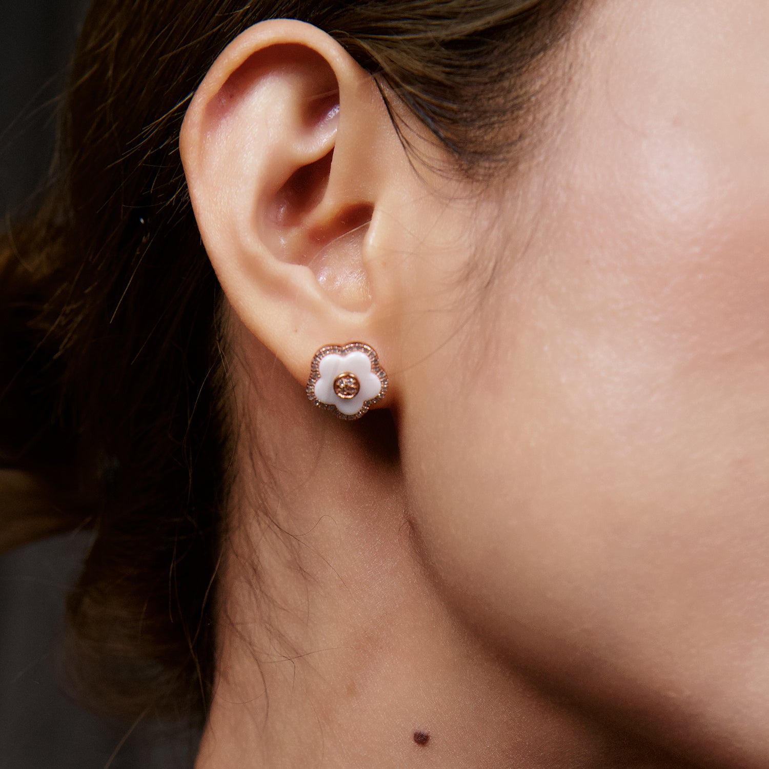 Cherry Blossom Ceramic White Ceramic Flowers Rosegold Stud Earrings 18K Rose Gold Plated - 4B4324 - wear  - Black By Blue Brave