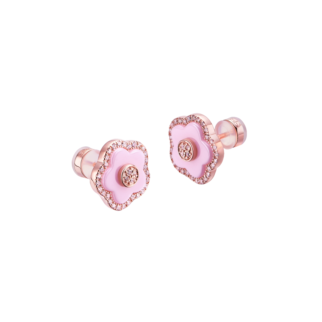 Cherry Blossom Ceramic Pink Ceramic Flowers Rosegold Stud Earrings 18K Rose Gold Plated - 4B4326 - front - Black By Blue Brave