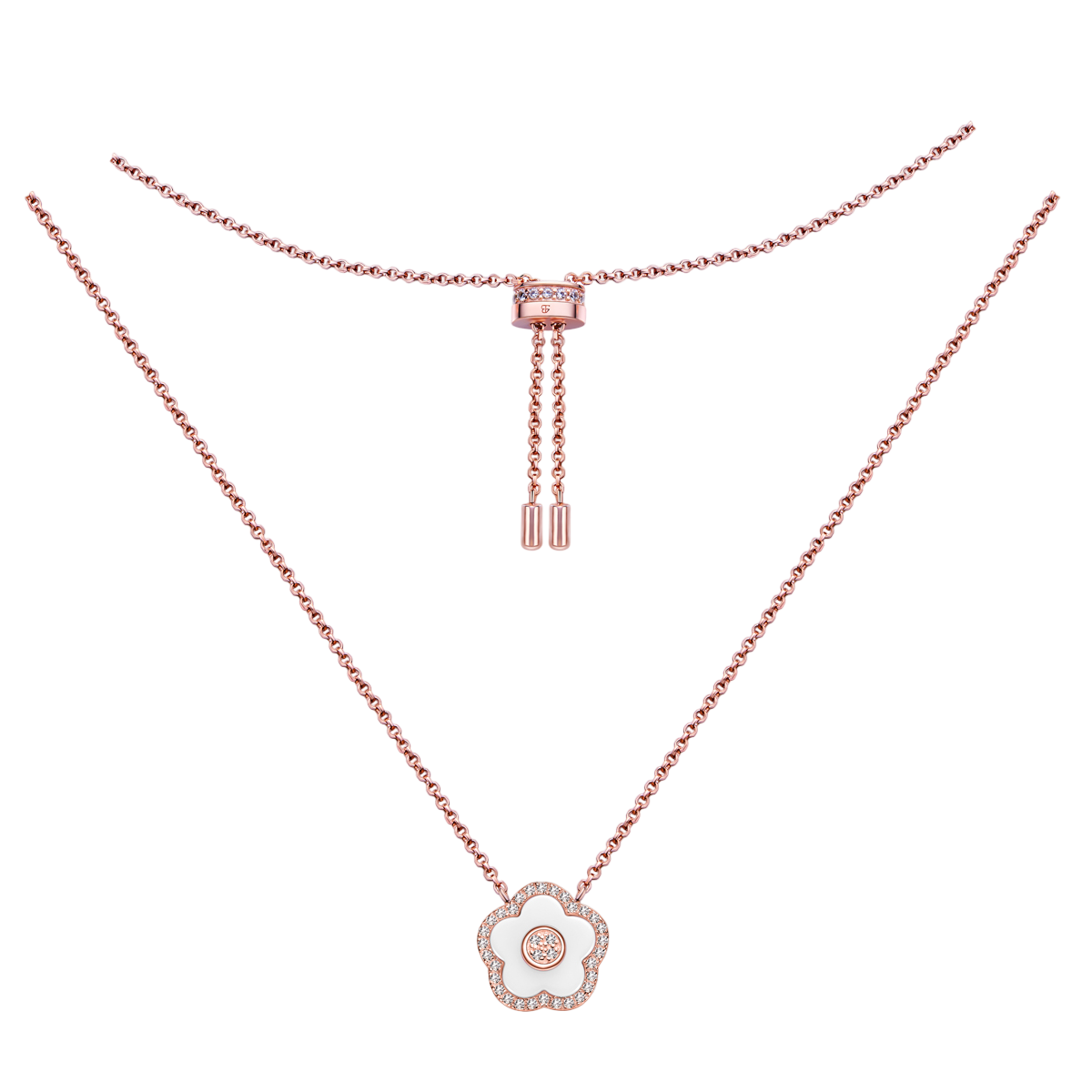 Cherry Blossom Ceramic White Ceramic Flower Rose Gold Adjustable Necklace 18K Rose Gold Plated - 4B4312 - front - Black By Blue Brave
