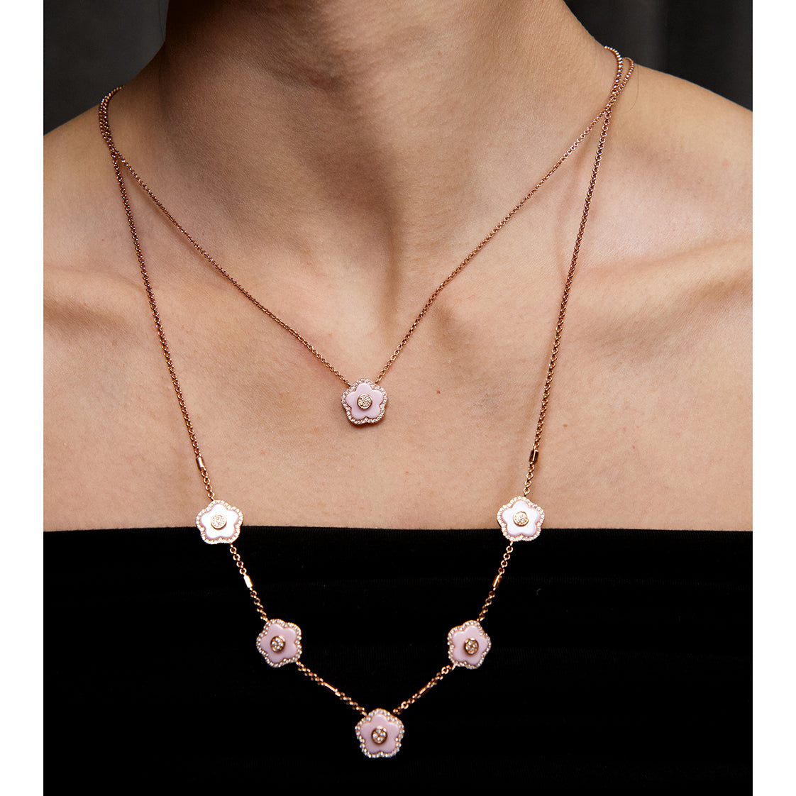 Cherry Blossom Ceramic Pink Ceramic Flower Rose Gold Adjustable Necklace 18K Rose Gold Plated - 4B4314 - wear - Black By Blue Brave