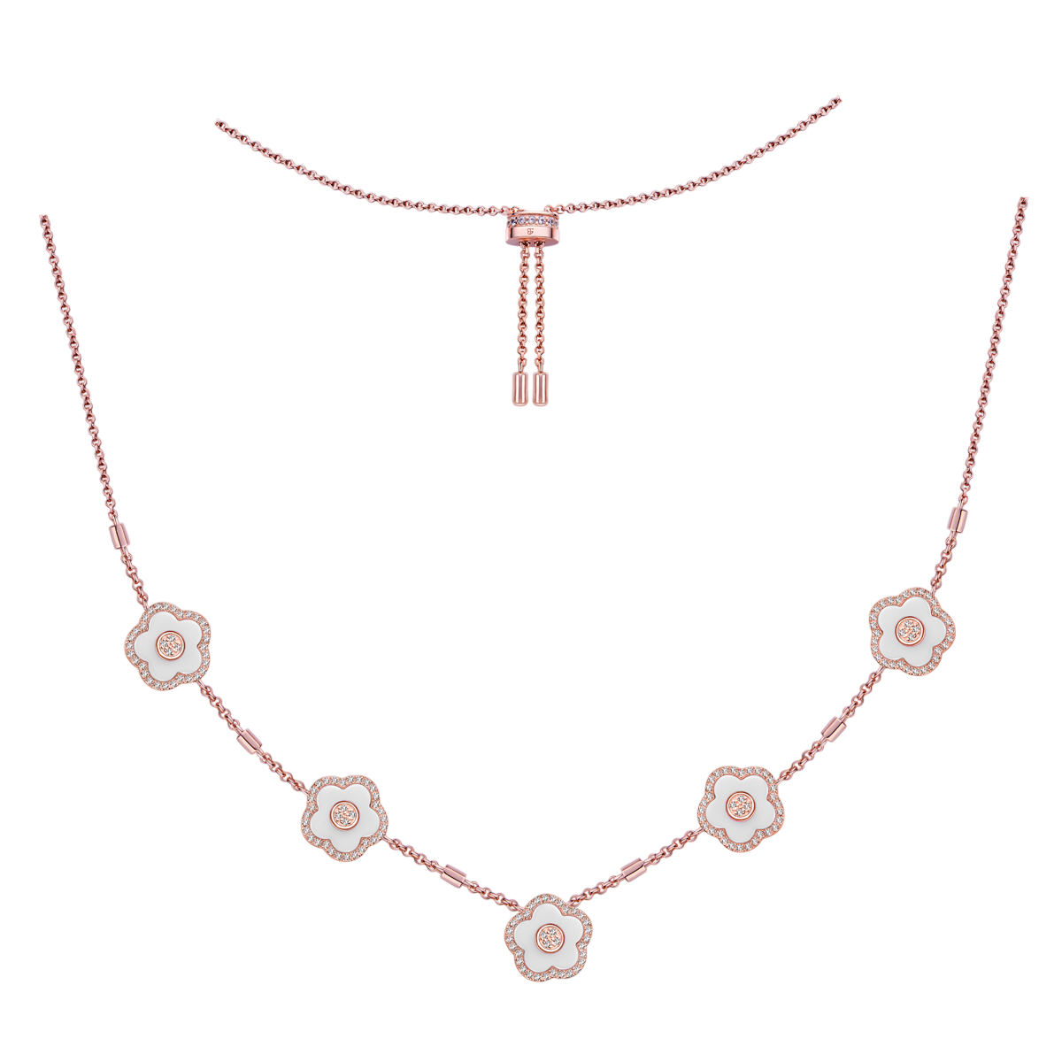 Cherry Blossom Ceramic Five White Ceramic Flowers Rose Gold Adjustable Necklace 18K Rose Gold Plated - 4B4316 - front - Black By Blue Brave