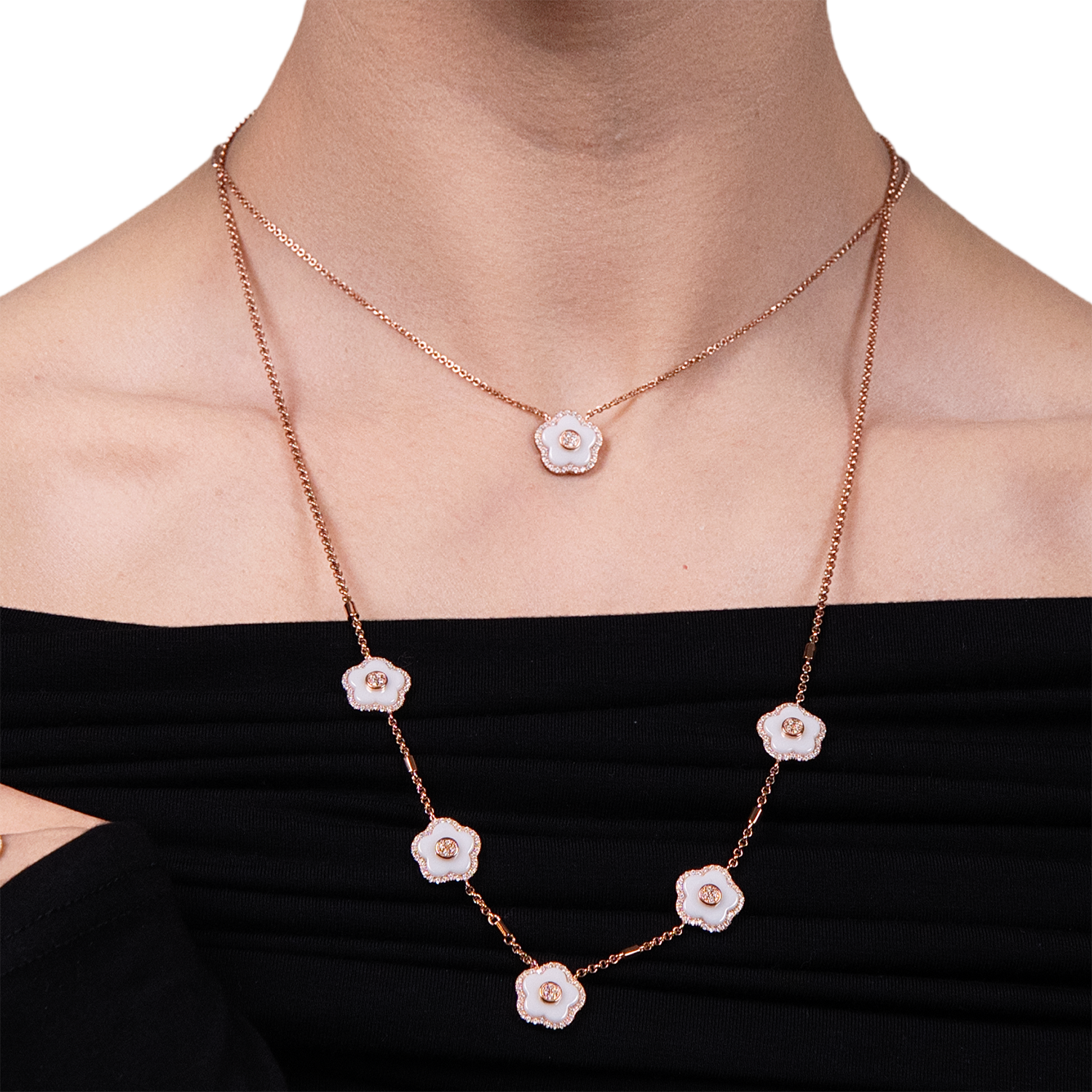 Cherry Blossom Ceramic Five White Ceramic Flowers Rose Gold Adjustable Necklace 18K Rose Gold Plated - 4B4316 - wear - Black By Blue Brave