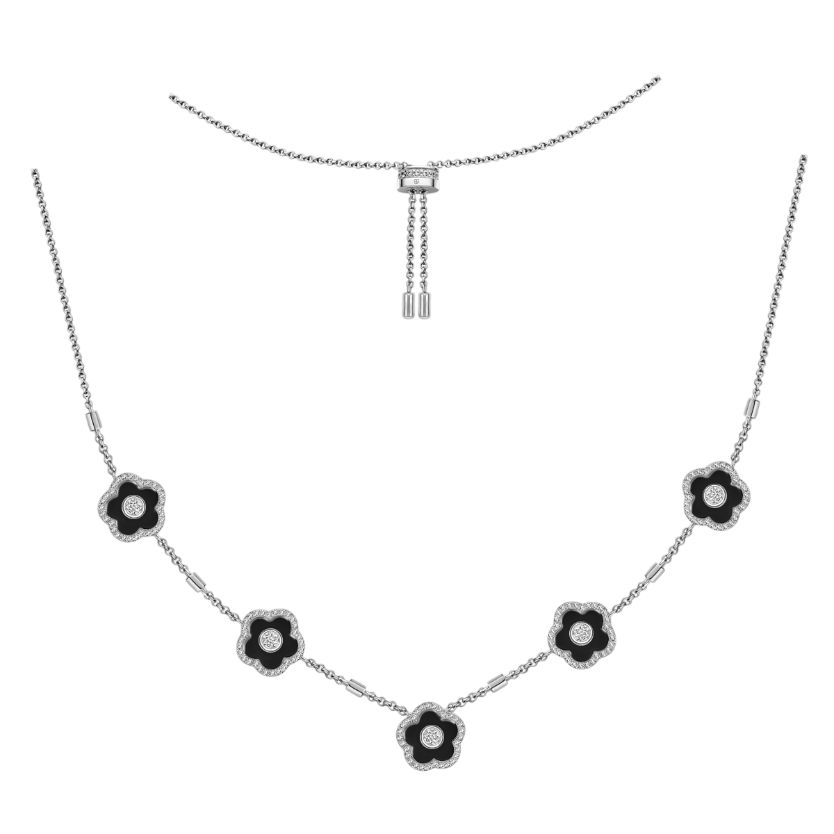 Cherry Blossom Ceramic Five Black Ceramic Flowers Silver Adjustable Necklace Silver Platinum Plated - 4B4317 - front - Black By Blue Brave