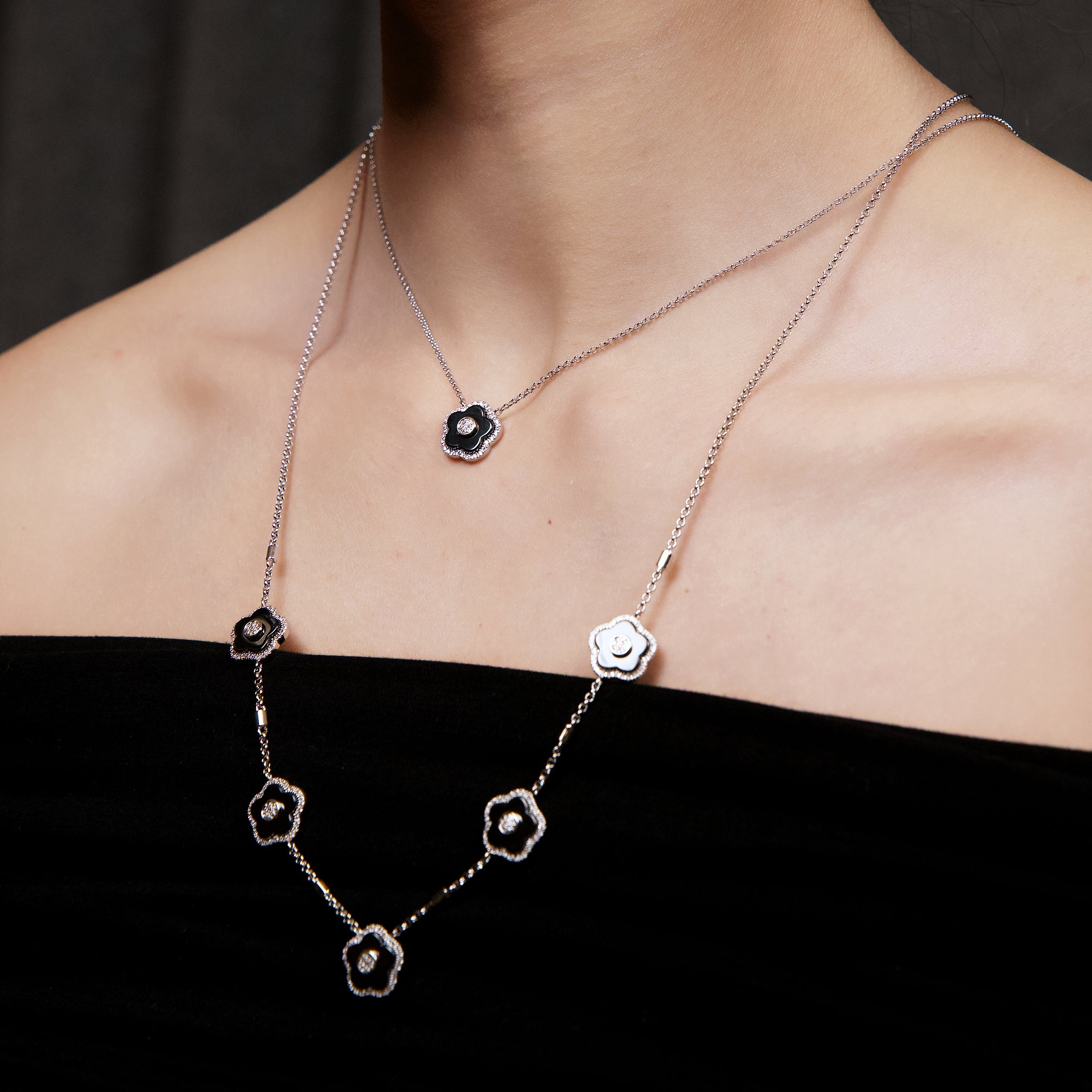 Cherry Blossom Ceramic Five Black Ceramic Flowers Silver Adjustable Necklace Silver Platinum Plated - 4B4317 - wear - Black By Blue Brave