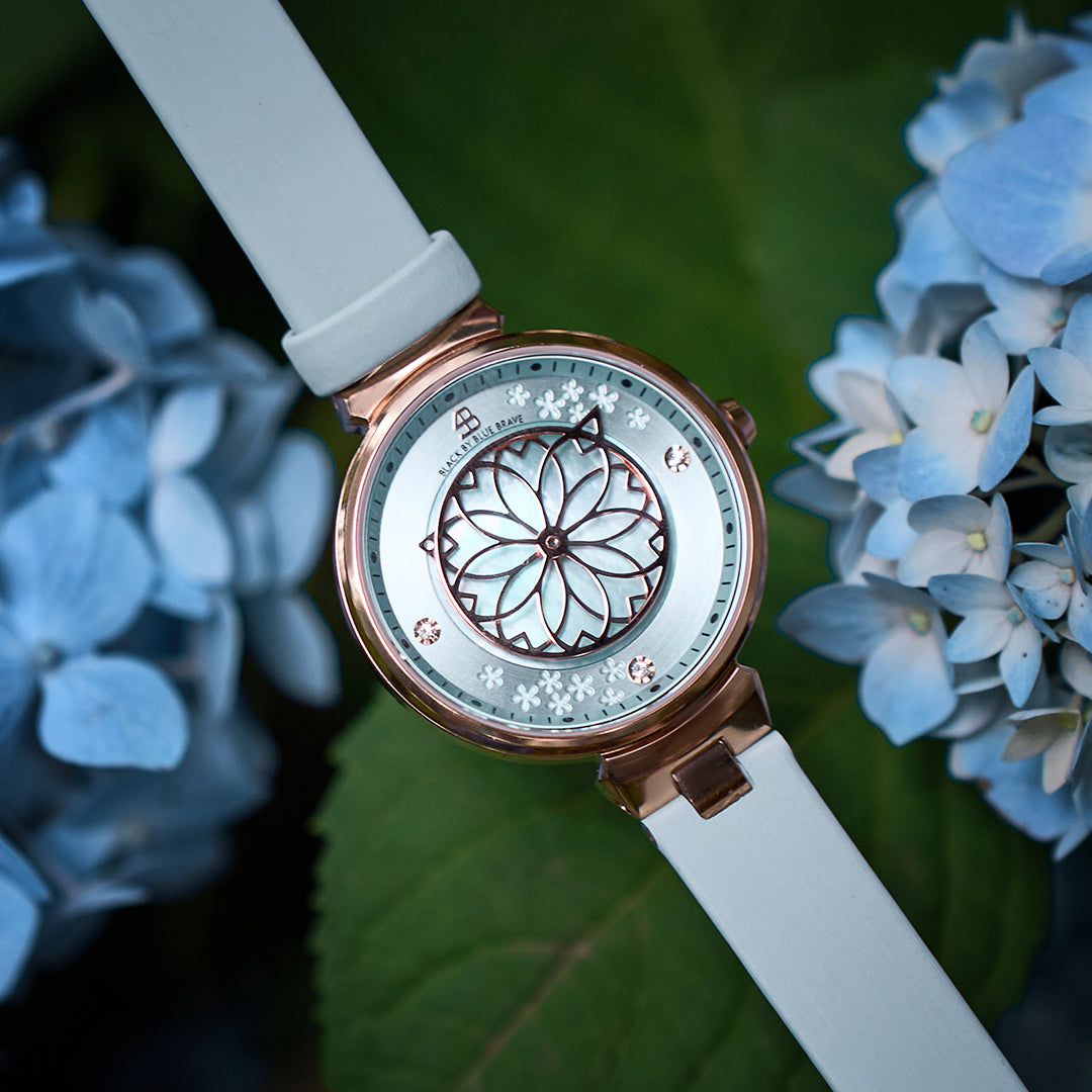 Cherry Blossom Blue Mother Of Pearl Dial Sakura Petal Hand Leather Strap Watch - BLACK BY BLUE BRAVE