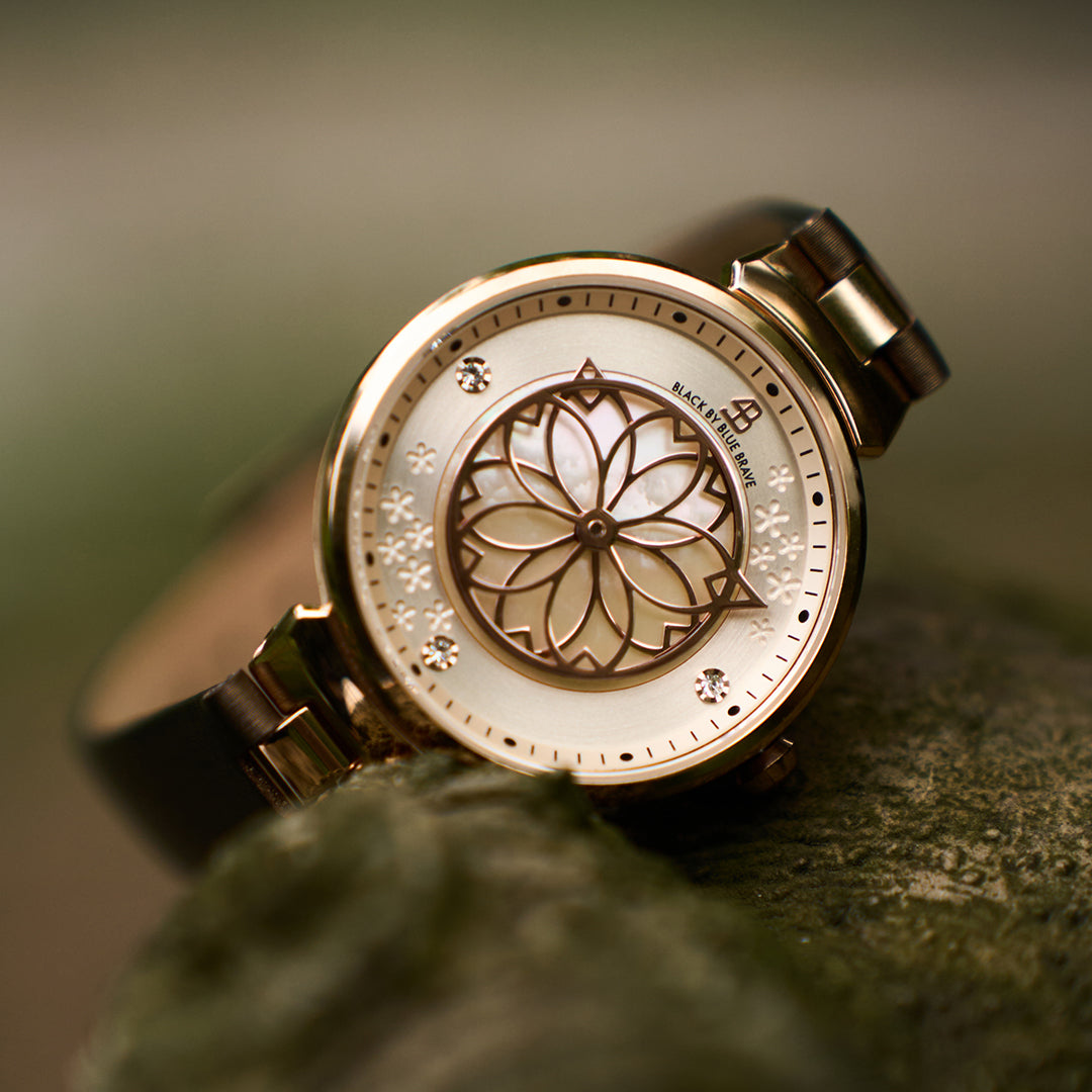 Cherry Blossom Champagne Mother Of Pearl Dial Sakura Petal Hand Leather Strap Watch - BLACK BY BLUE BRAVE