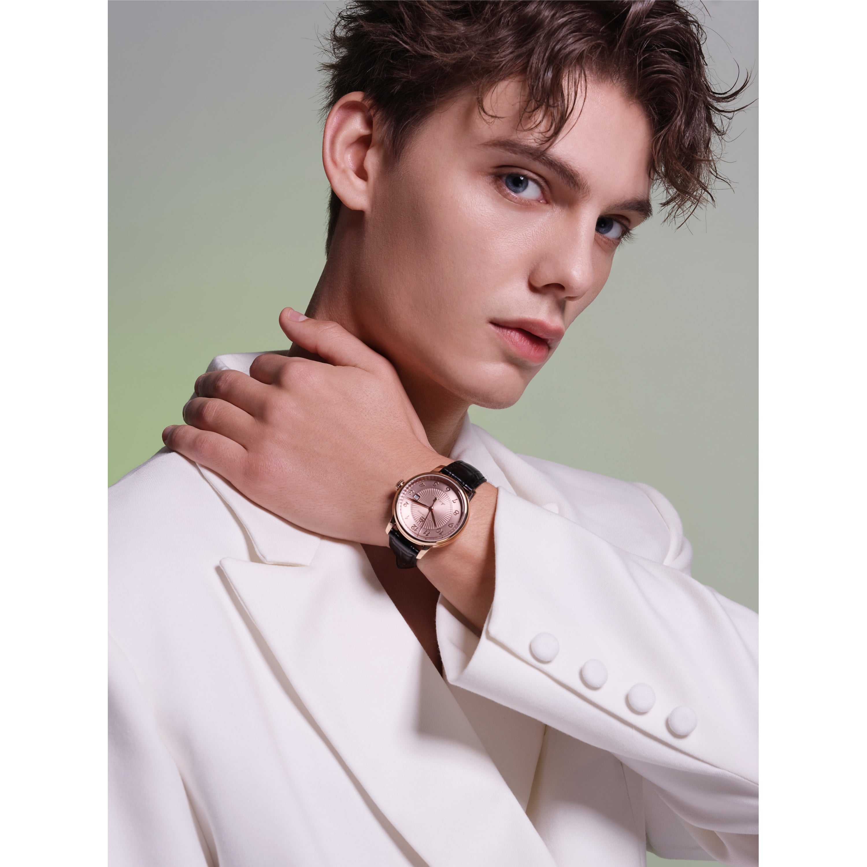 Classic 1986 42mm Flinqué Salmon Arabic Dial Black Leather Strap Automatic Watch - 4B1220 - Model wearing - Black By Blue Brave