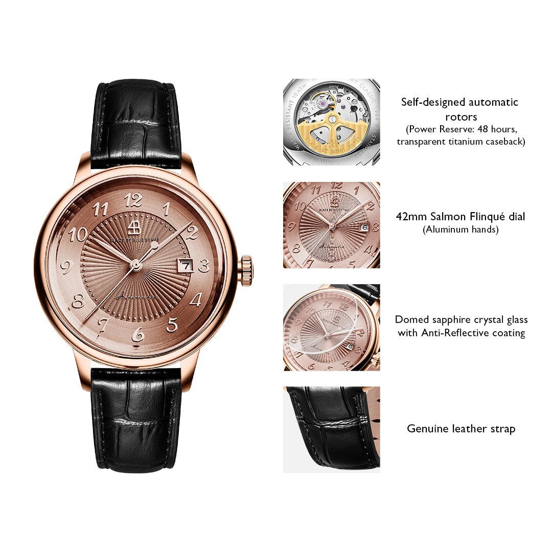 Classic 1986 42mm Flinqué Salmon Arabic Dial Black Leather Strap Automatic Watch - 4B1220 - Selling point map - Black By Blue Brave