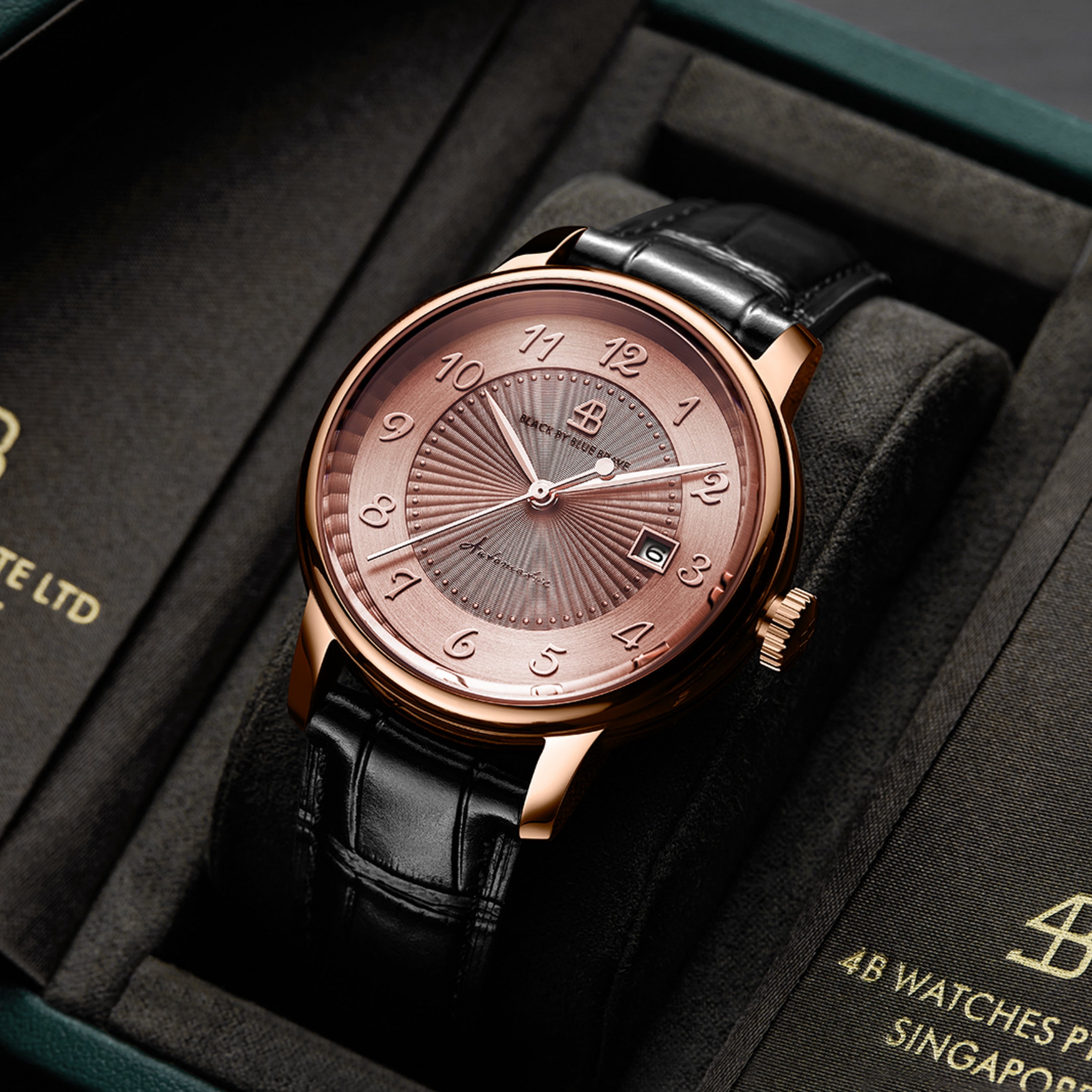 Classic 1986 42mm Flinqué Salmon Arabic Dial Black Leather Strap Automatic Watch - 4B1220 - packing - Black By Blue Brave