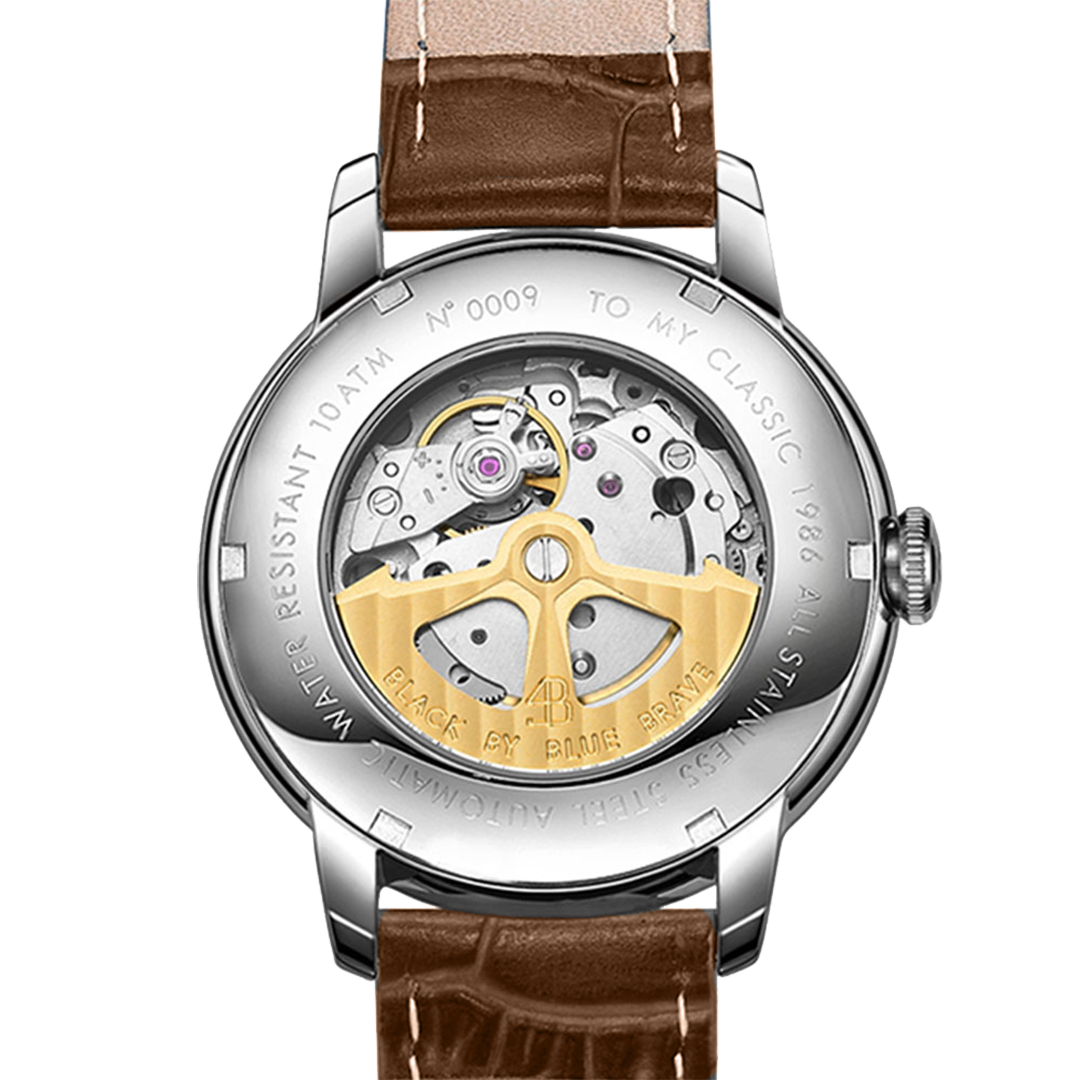 Classic 1986 42mm Ivory White Dial Domed Sapphire Glass Brown Leather Strap Automatic Watch - 4B2201 - Back side - Black By Blue Brave