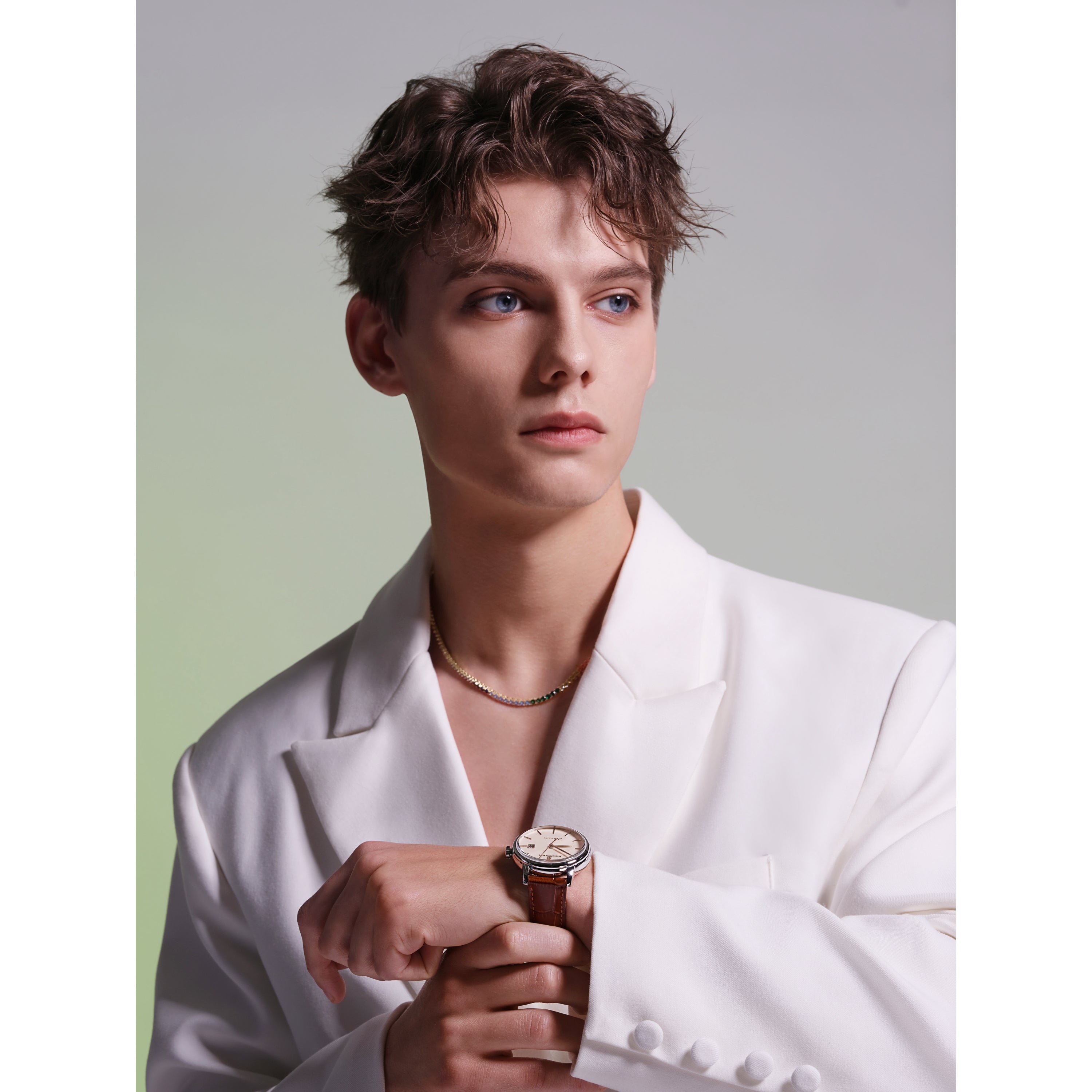 Classic 1986 42mm Ivory White Dial Domed Sapphire Glass Brown Leather Strap Automatic Watch - 4B2201 - Model wearing - Black By Blue Brave