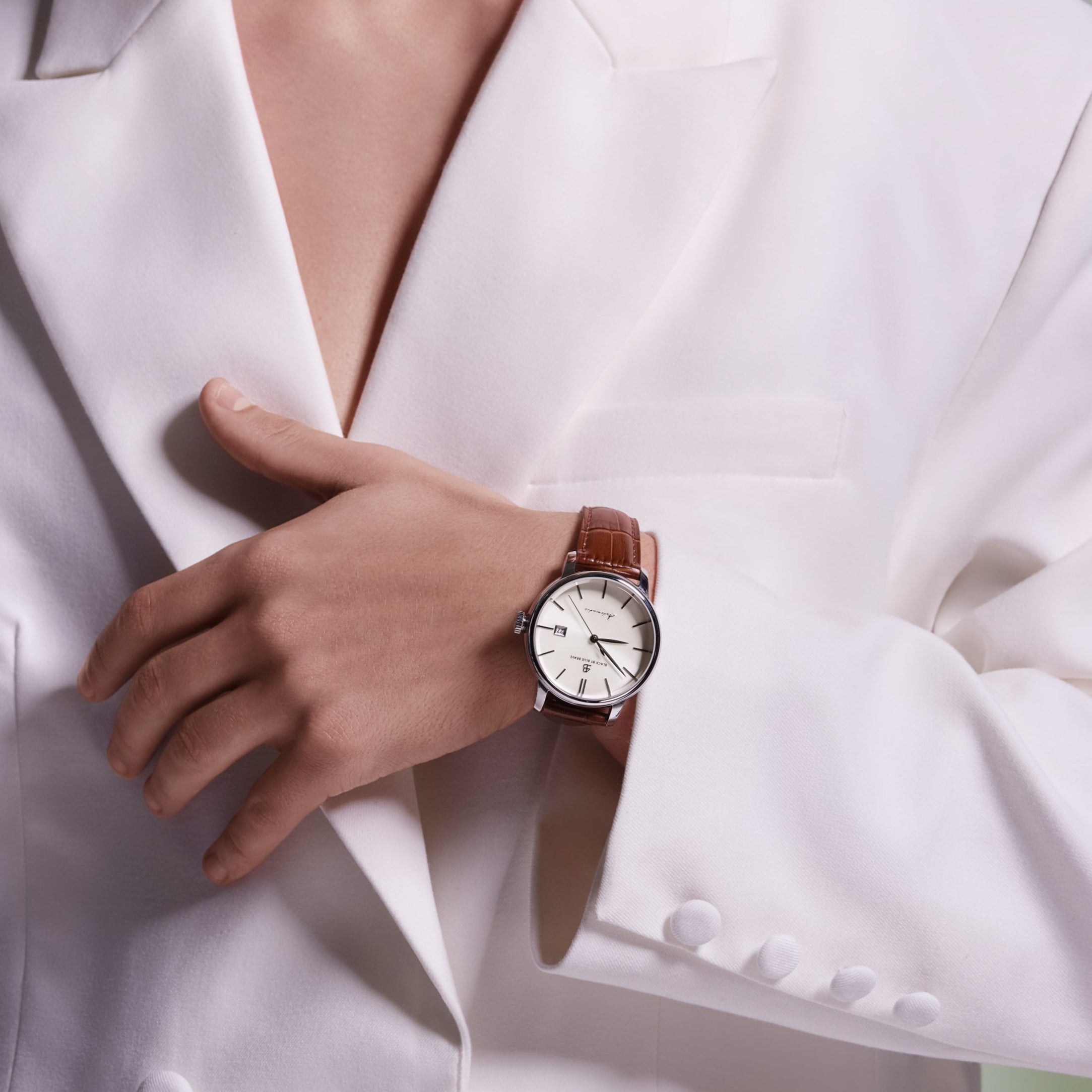 Classic 1986 42mm Ivory White Dial Domed Sapphire Glass Brown Leather Strap Automatic Watch - 4B2201 - wrist - Black By Blue Brave