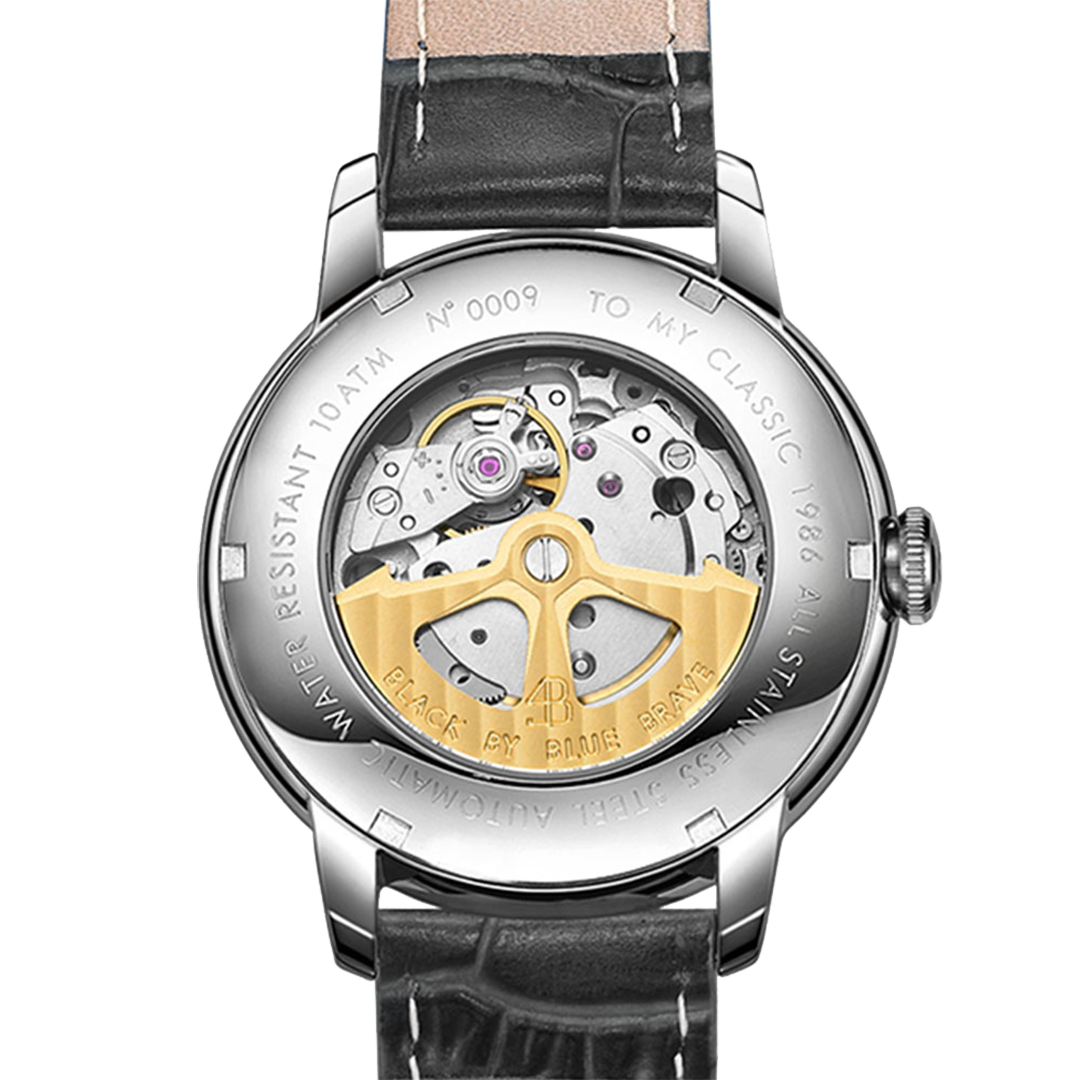 Classic 1986 42mm Black Dial Domed Sapphire Glass Leather Strap Automatic Watch - 4B2203 - Back side - Black By Blue Brave