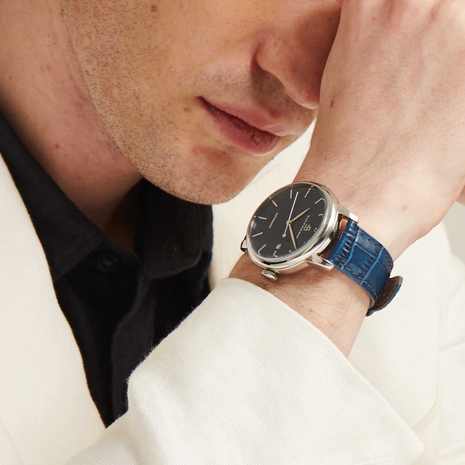 Classic 1986 42mm Blue Dial Domed Sapphire Glass Leather Strap Automatic Watch - 4B2204 - Model wearing - Black By Blue Brave