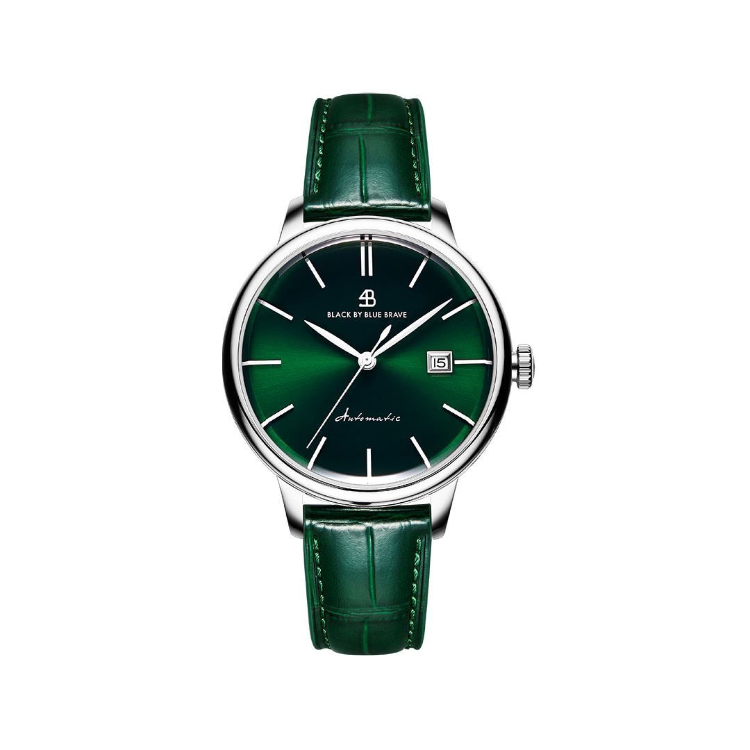 Classic 1986 42mm Green Dial Domed Sapphire Glass Leather Strap Automatic Watch - 4B2205 - front - Black By Blue Brave
